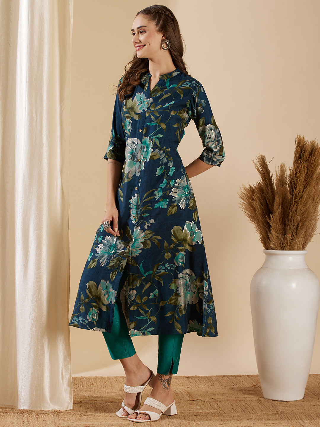 Fashor Floral Foil Printed A-Line Flared Kurta - Teal Blue - view 4