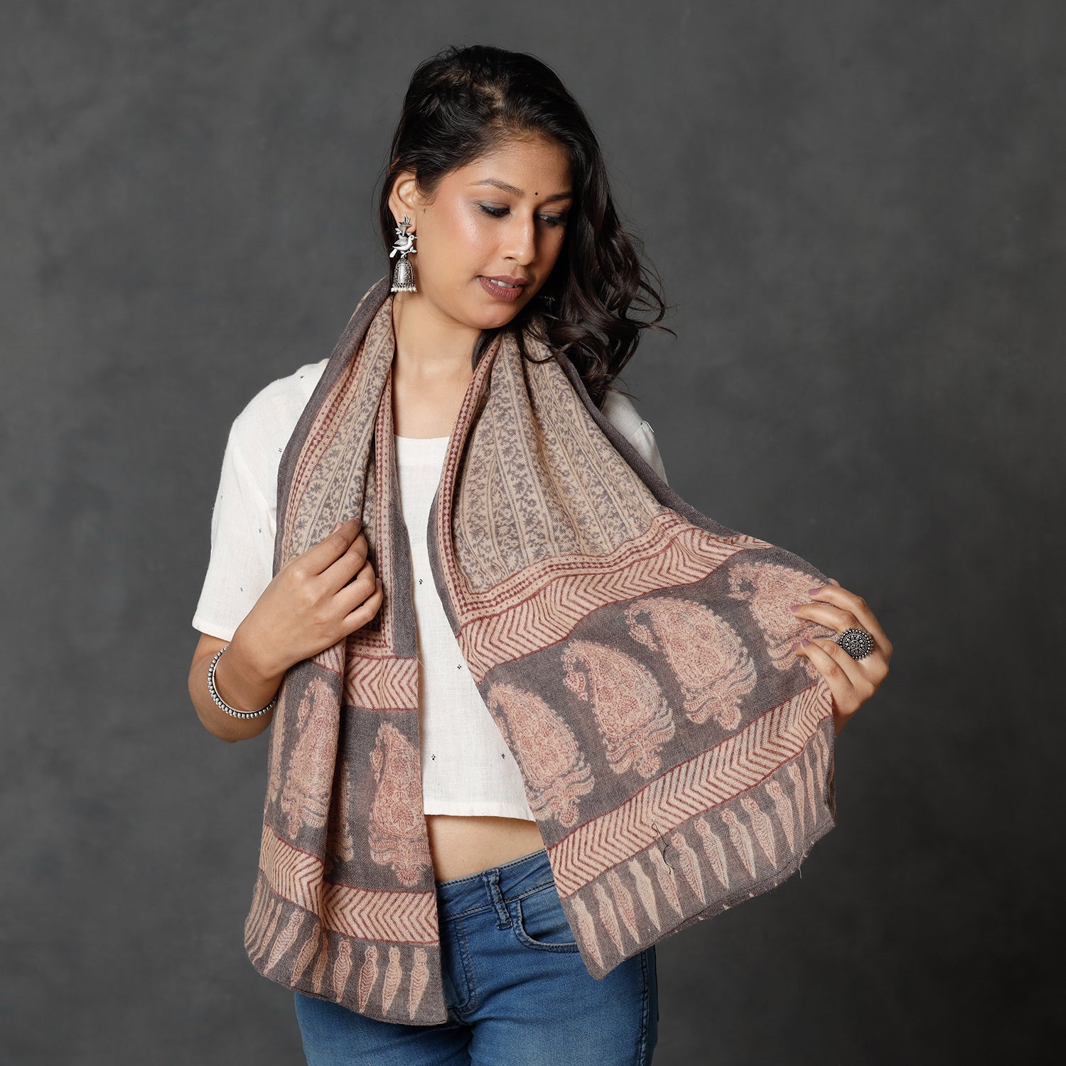 BAGH PRINTS BY MOHAMMED BILAL KHATRI Beige - Bagh Block Printed Natural Dyed Woolen Muffler (61 in) - view 2