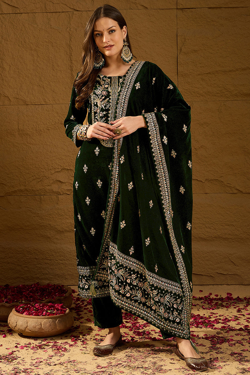 Ahika Green Velvet Ethnic Motifs Printed Straight Trousers Suit Set PKSKD2880 - view 2