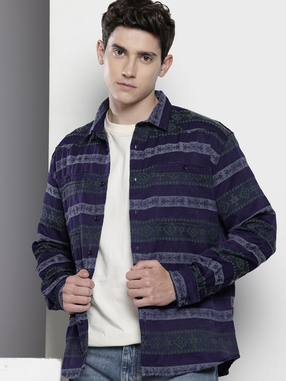 The Indian Garage Co Men's Green Relaxed Fit Aztec Resort Wear Shirt