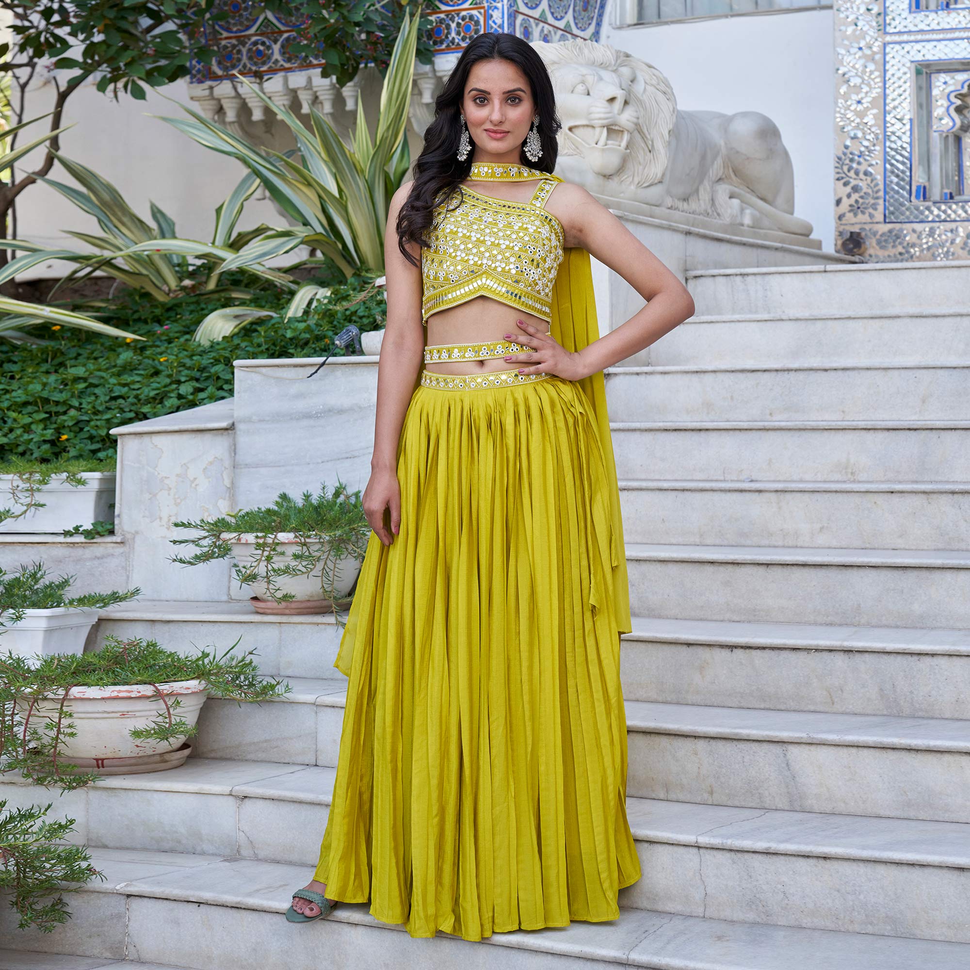 Peachmode Seller Lemon Green Embroidered Chiffon Plated Lehenga Choli - view 2