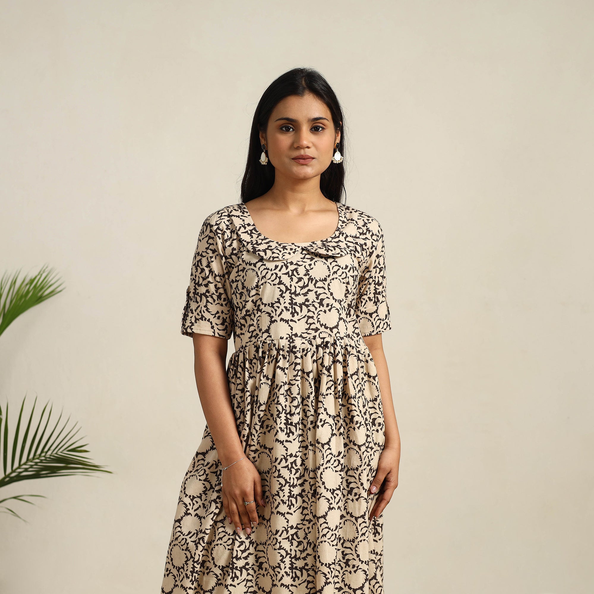ITOKRI CASUALS Beige - Pedana Block Print Cotton Flared Kalamkari Dress 09