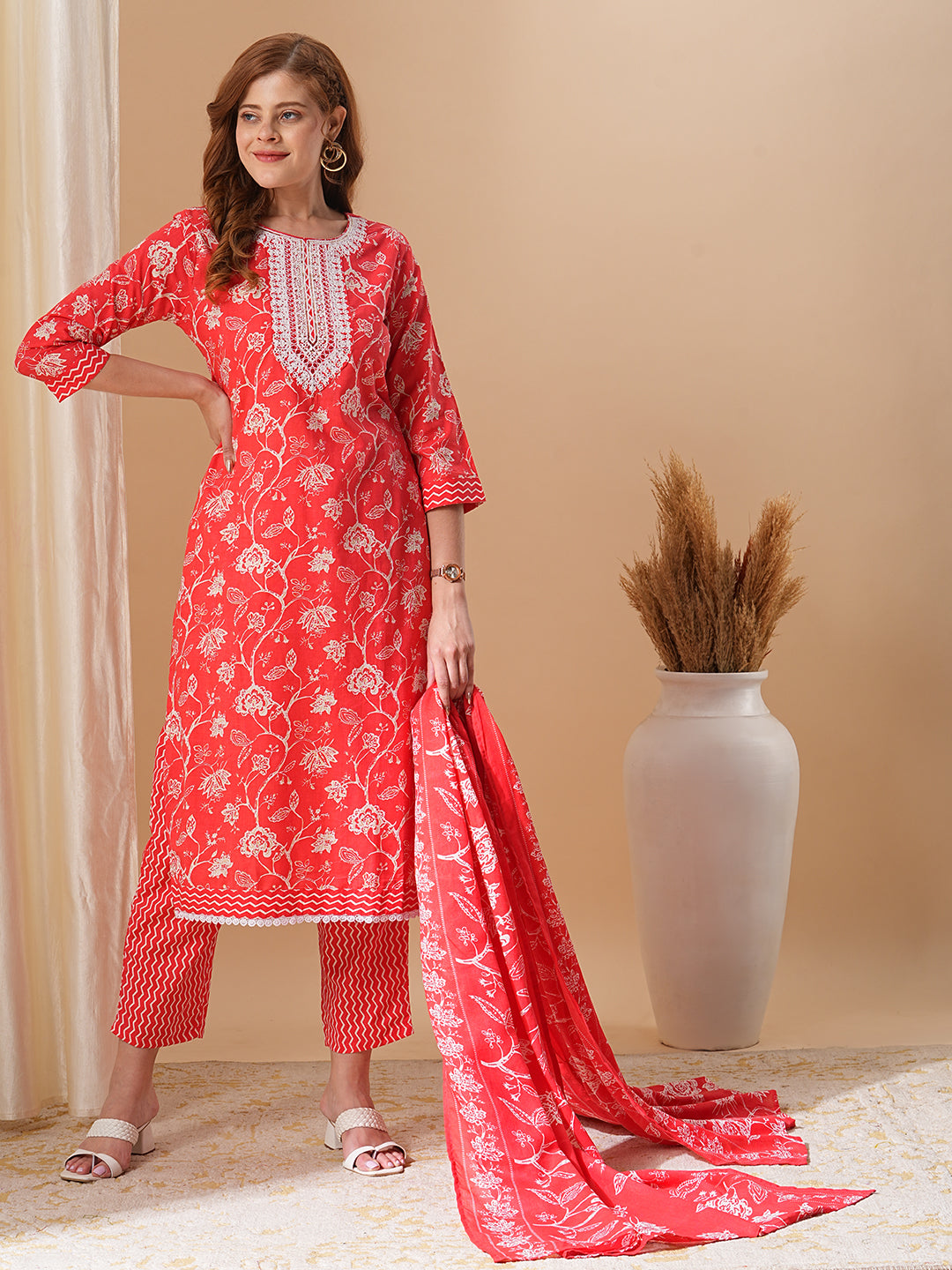 Fashor Floral Printed & Embroidered Straight Kurta with Pant & Dupatta - Red - view 2