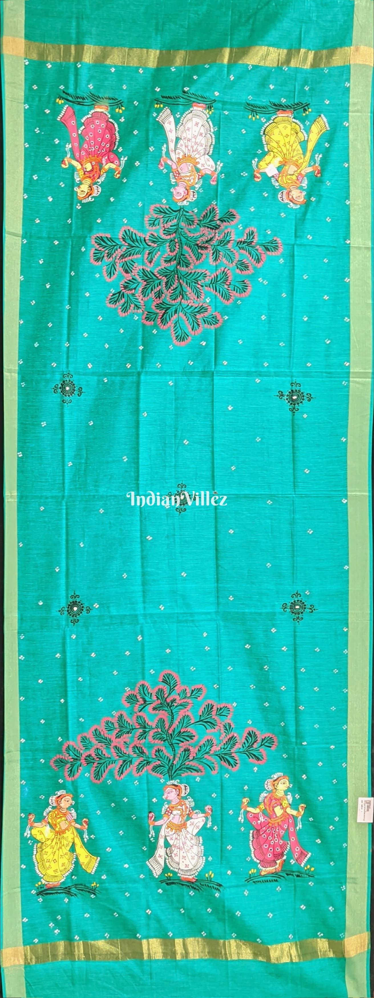 IndianVillèz Green Nartaki Theme Patachitra Chanderi Dupatta