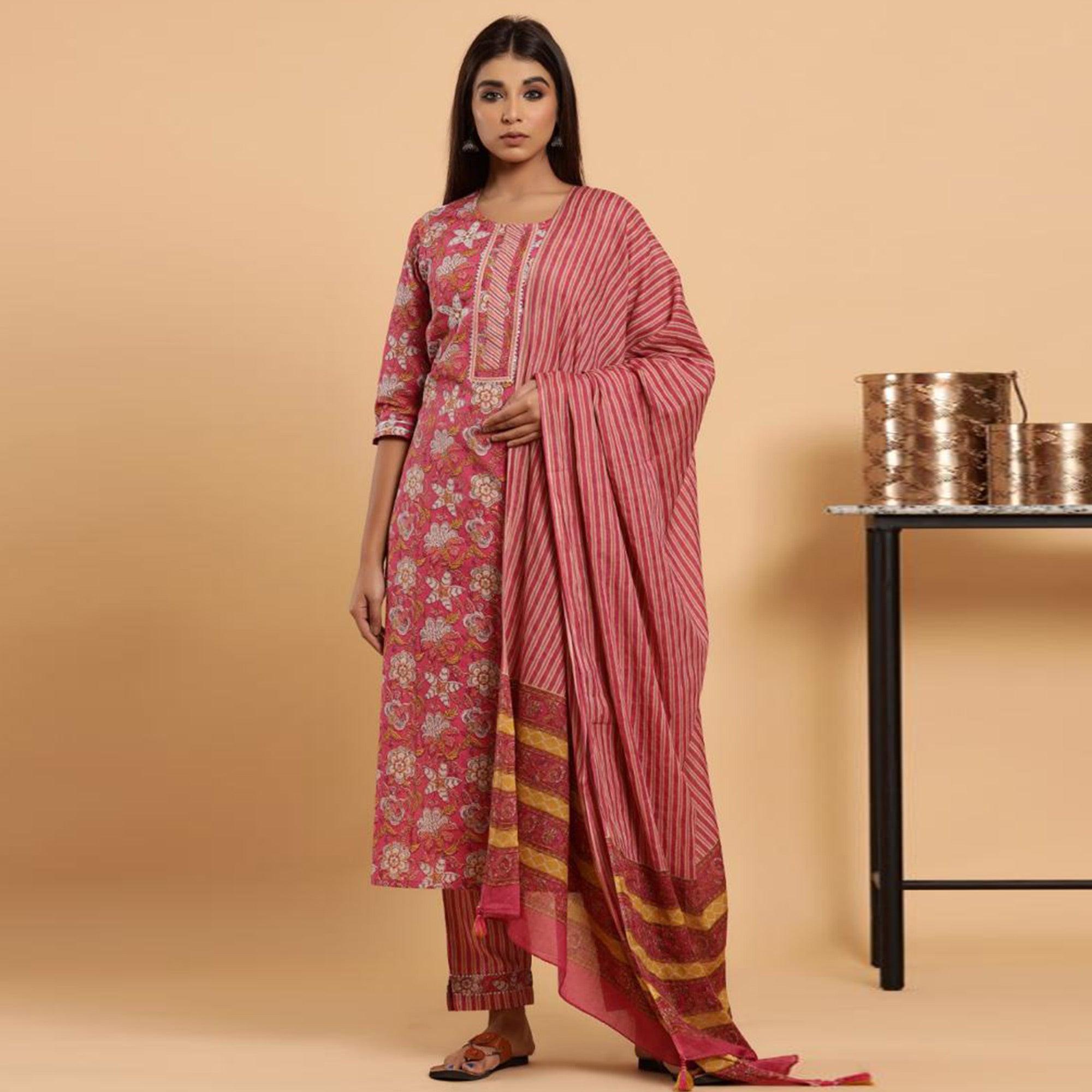 Peachmode Glorious Pink Colored Casual Wear Printed Cotton Kurti - Palazzo Set With Dupatta