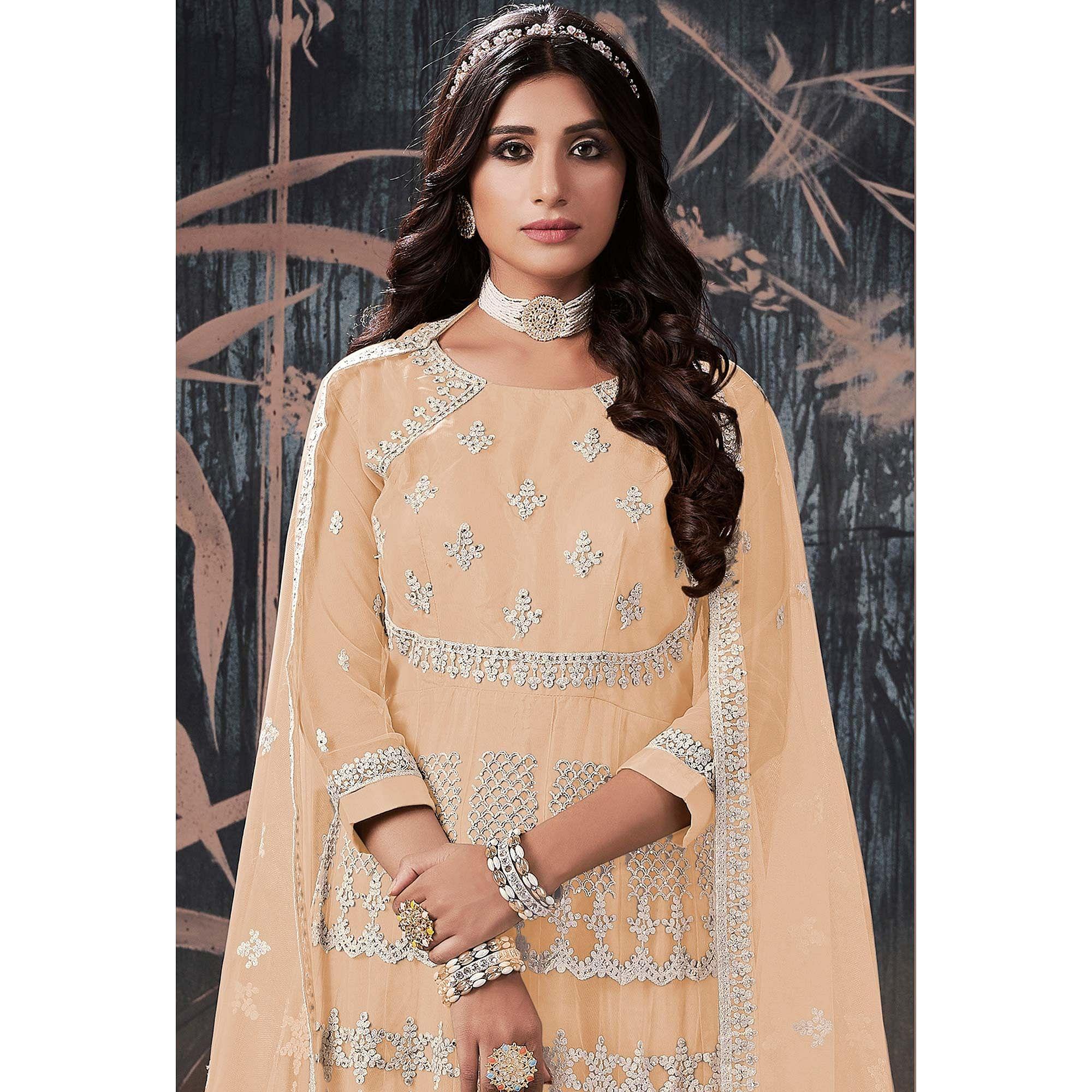 Peachmode Seller Cream Partywear Embroidery With Embellished Net Gown - view 2