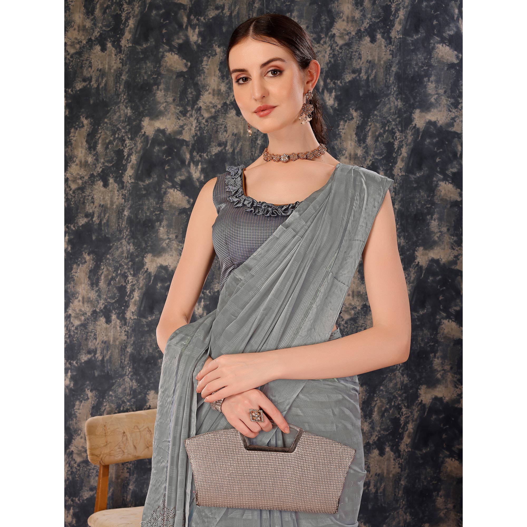 Peachmode Grey Swarovski Work Chiffon Saree With Tassels - view 7