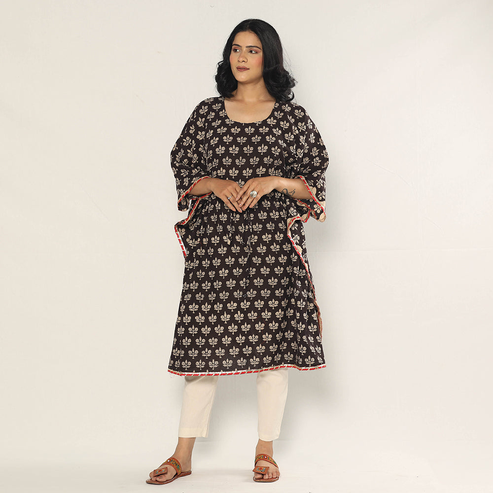 ITOKRI CASUALS Black - Bagru Dabu Block Printing Cotton Kaftan Dress (Medium)