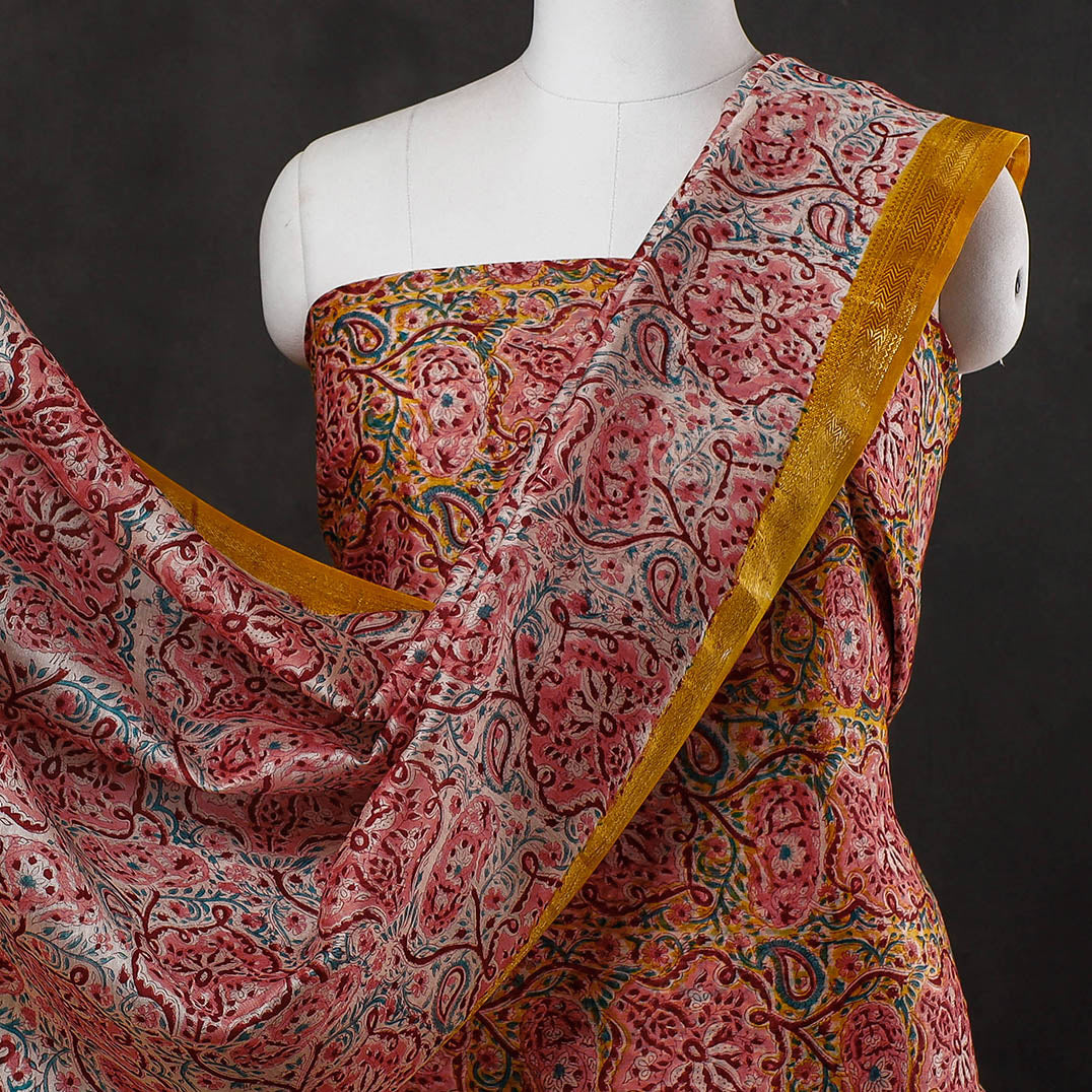 ARTISAN HAND BLOCK PRINTS 3pc Sanganeri Block Printed Maheshwari Silk Suit Material Set - view 3