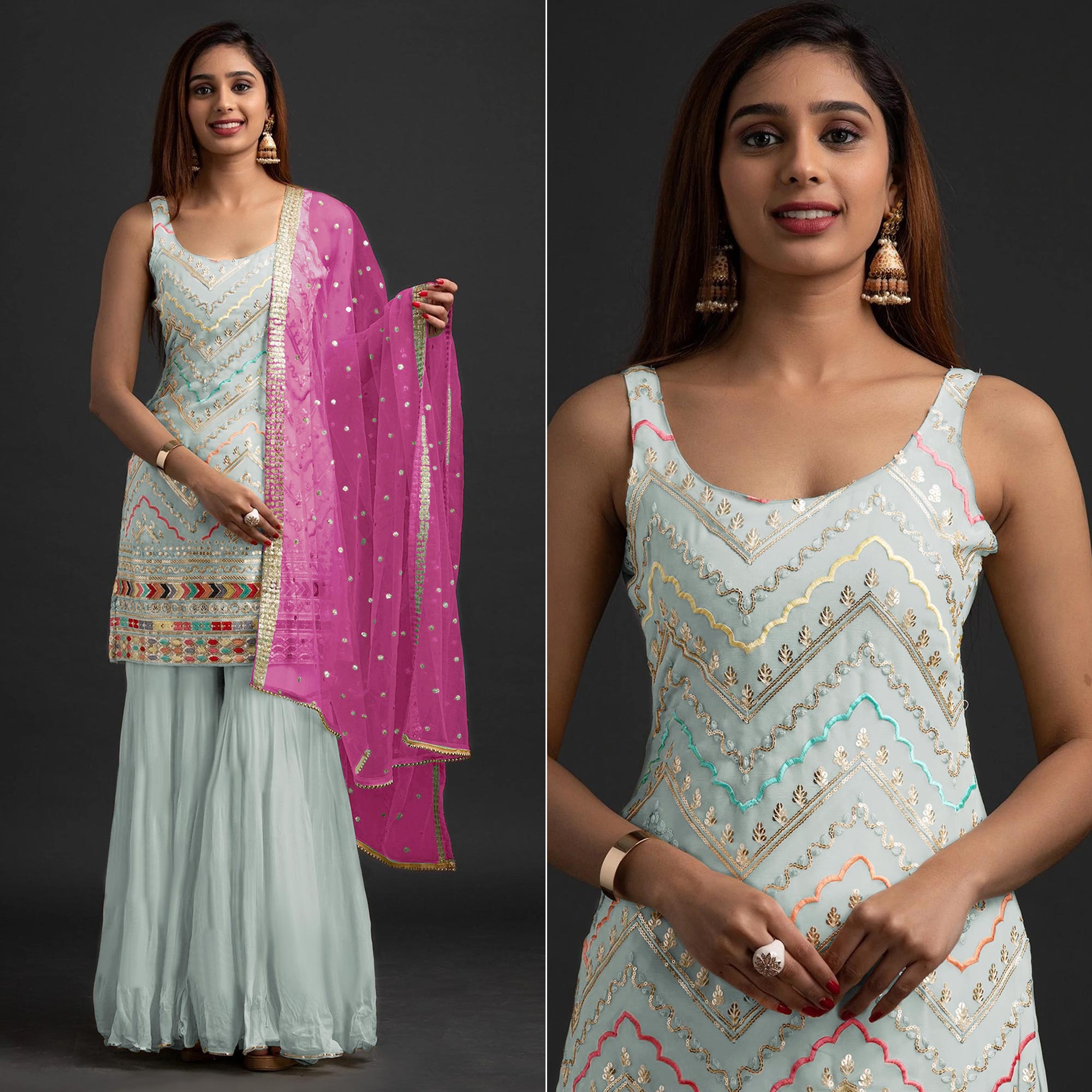 Peachmode Light Grey Embroidered Georgette Sharara Suit