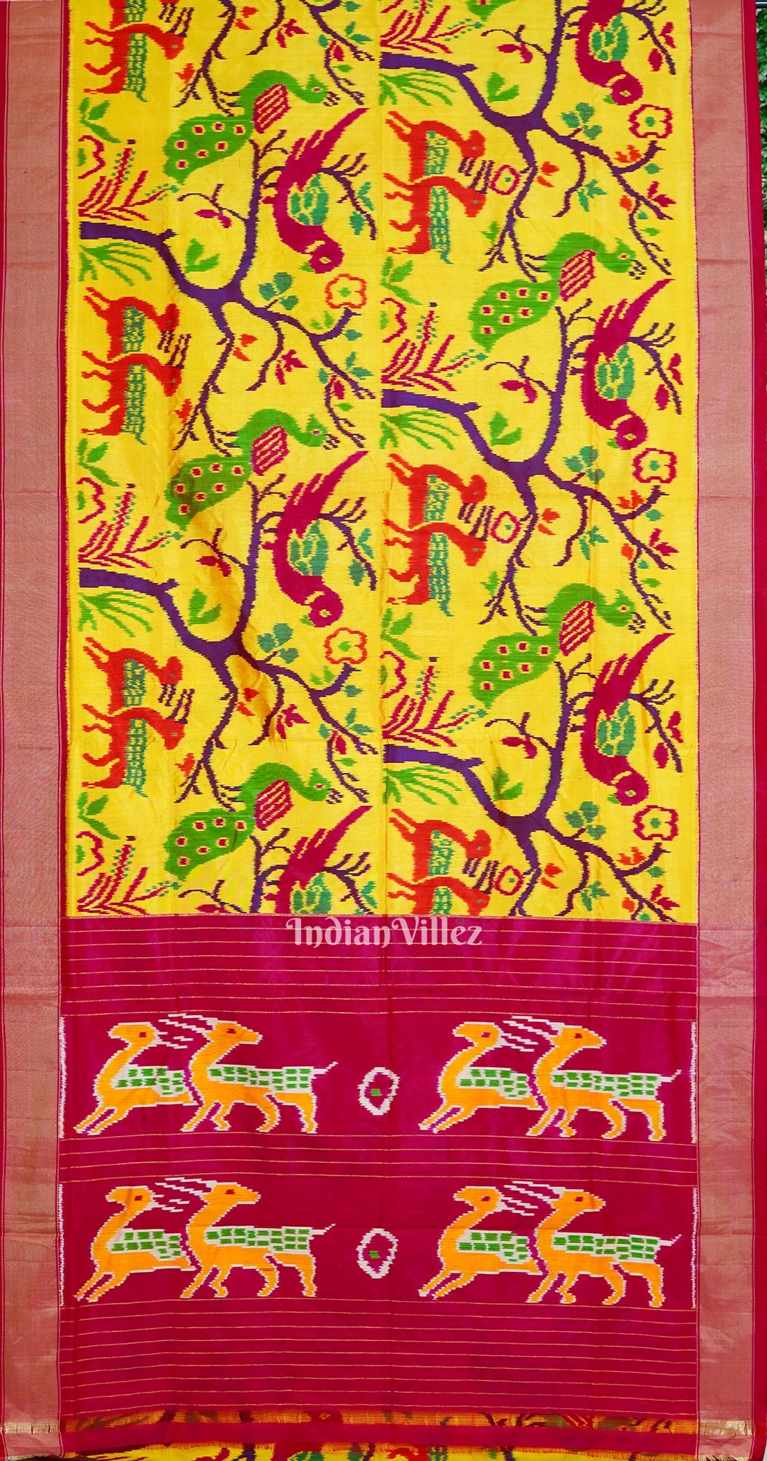 IndianVillèz Yellow Nature With Wildlife Design Pochampally Ikat Silk Saree