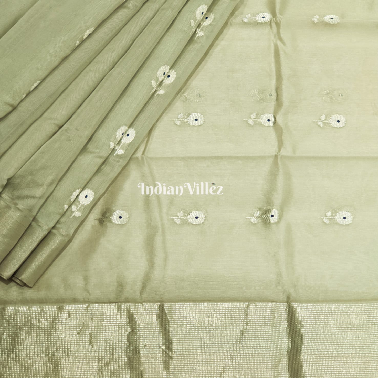 IndianVillèz Mint Green Pure Chanderi Silk Saree