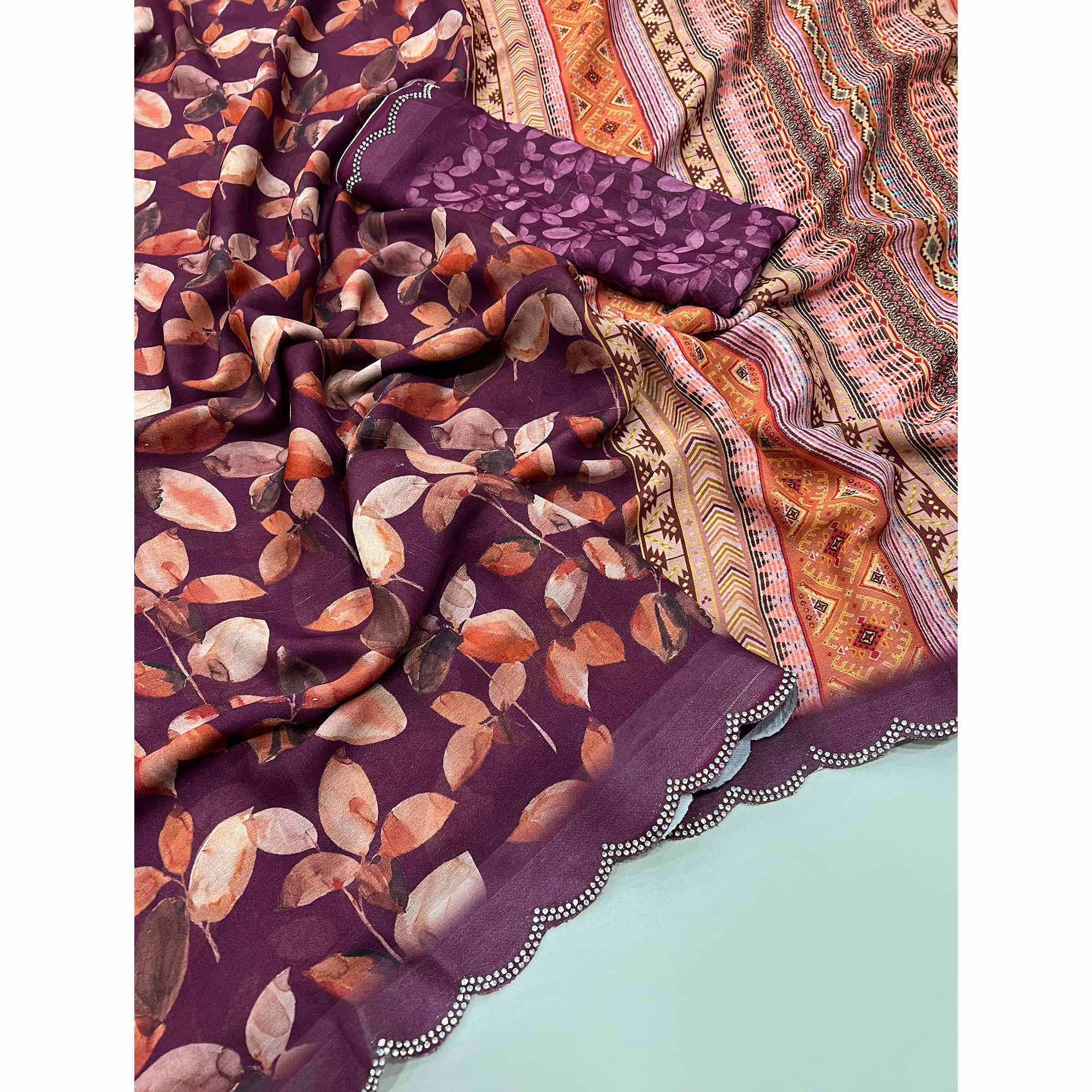 Peachmode Wine Floral Digital Printed Georgette Saree With Stonework Border - view 3
