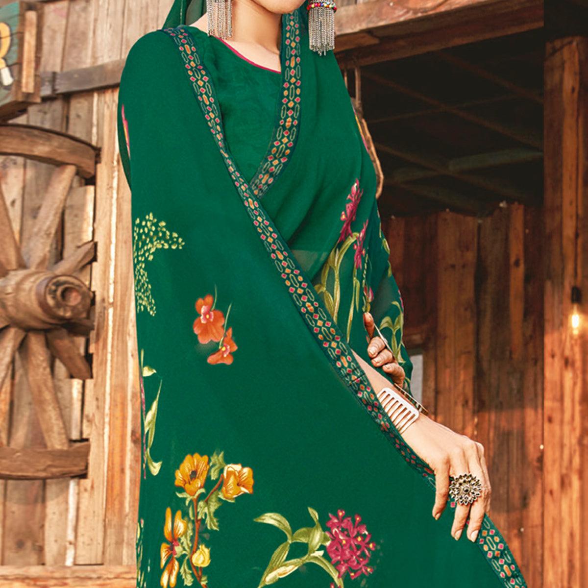 Peachmode Ideal Bottle Green Coloured Partywear Pure Georgette Floral Printed Saree With Fancy Lace Border - view 2