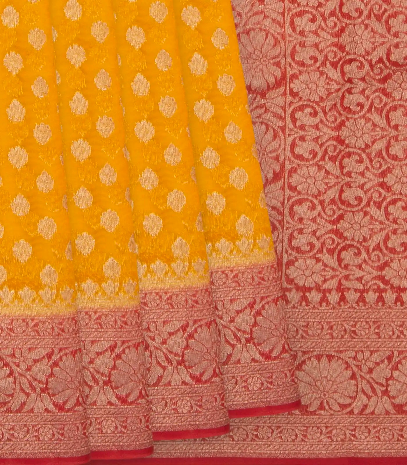 RmKV Yellow Banarasi Woven Khaddi Georgette Saree With Floral Motifs & Red Border-Yellow