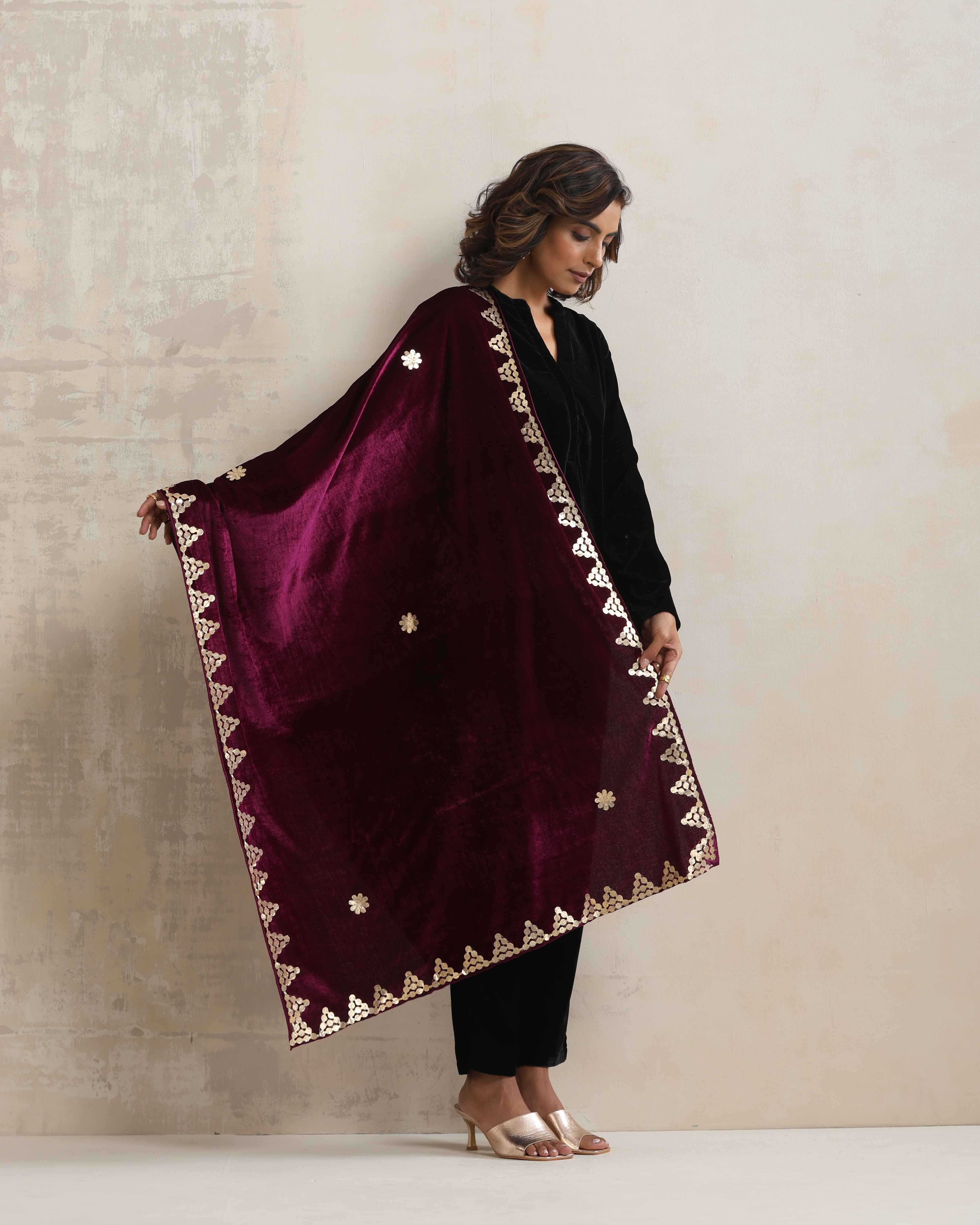 trueBrowns Wine Velvet Gota Patti Stole - view 2