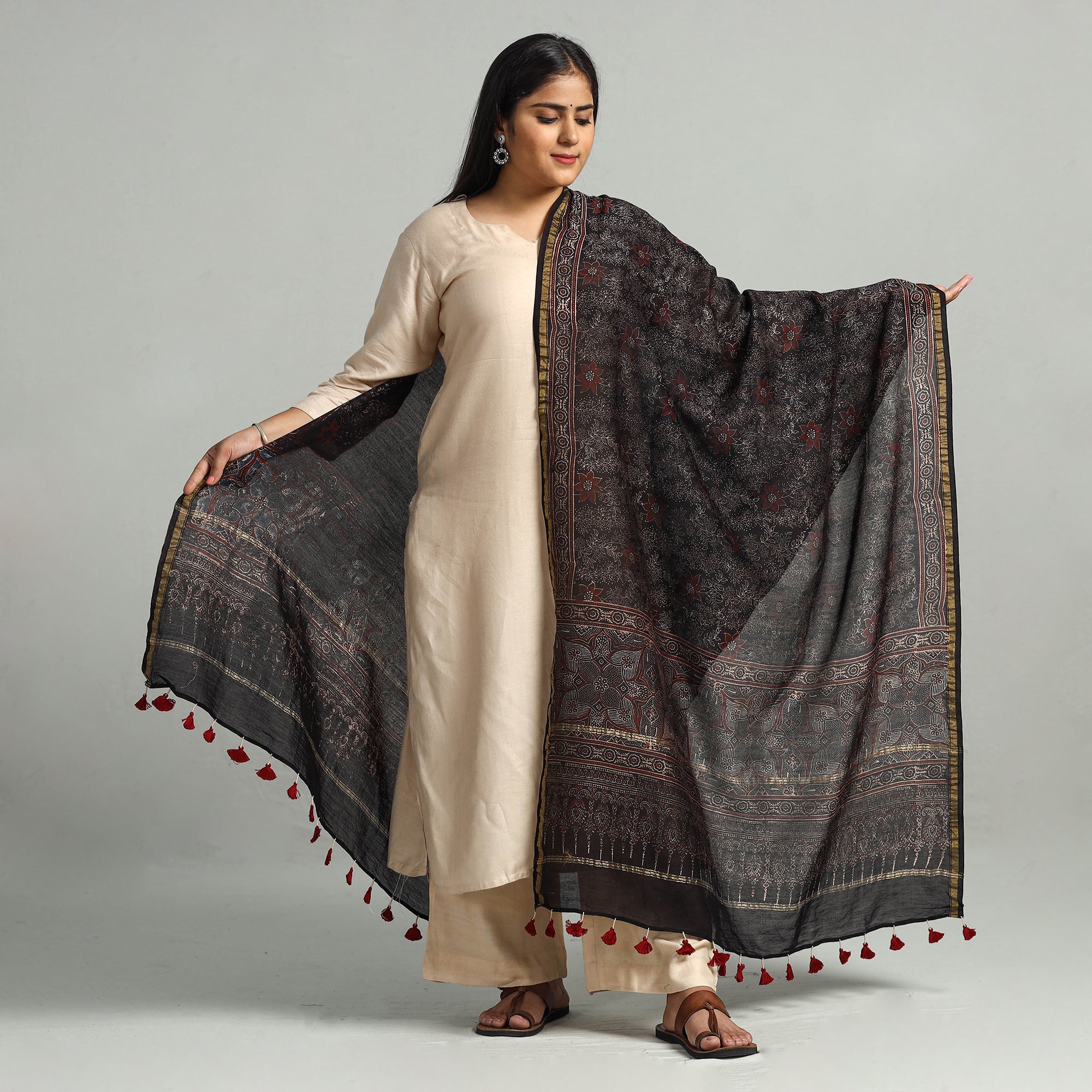 AJRAKH BY SUFIYAN ISMAIL KHATRI Black - Block Printed Chanderi Silk Handloom Ajrakh Dupatta 27