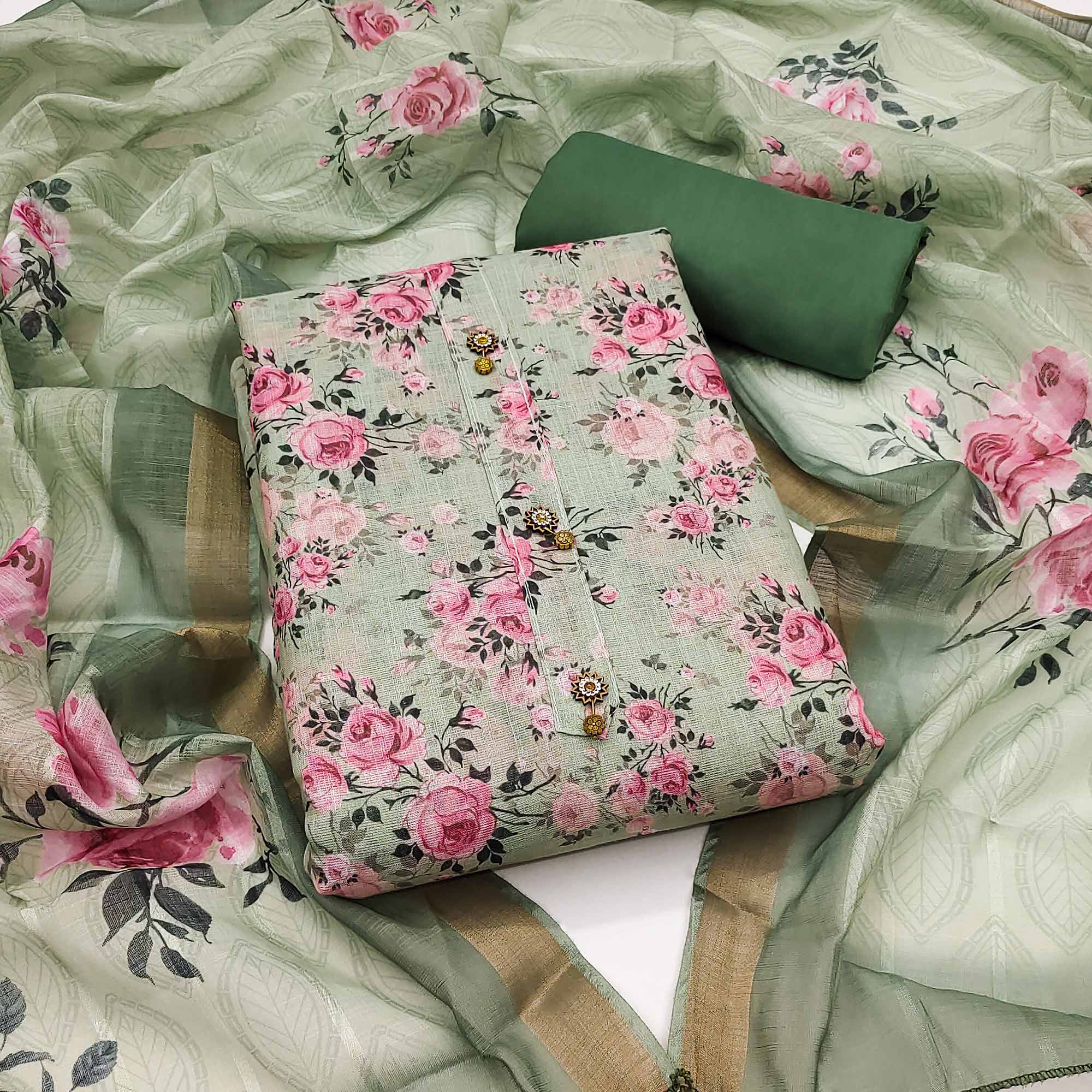 Peachmode Dusty Green Floral Printed Linen Dress Material