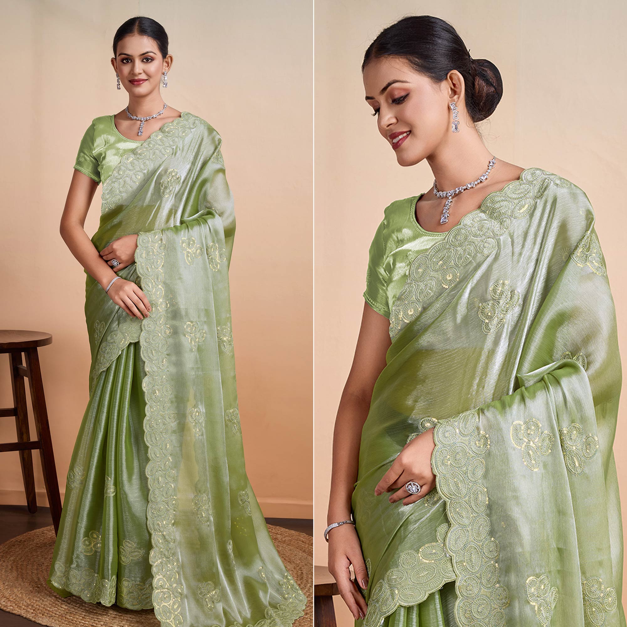 Green sarees – BlackTree green-sequins-embroidered-organza-saree-3