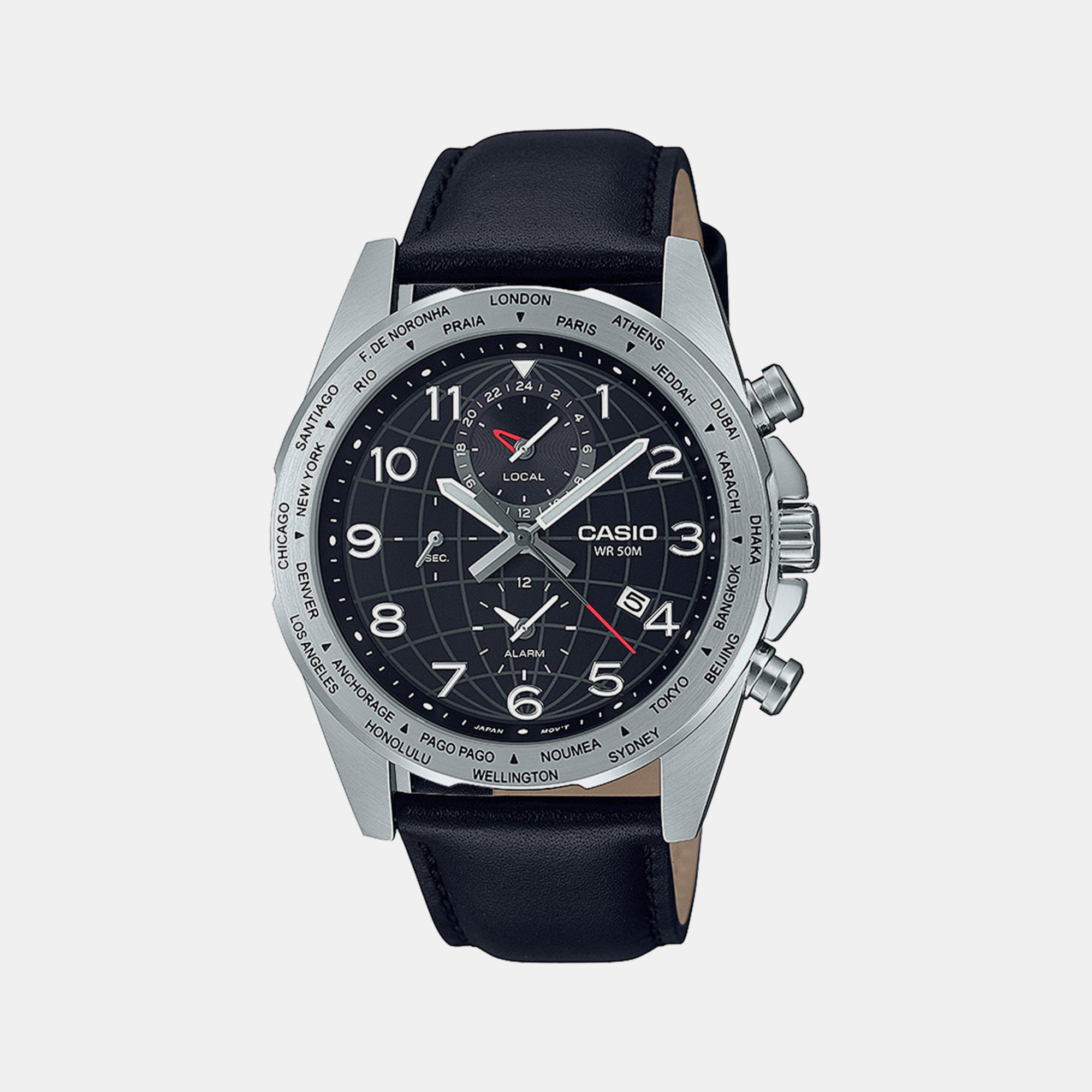 Casio Enticer Men Quartz Black Dial Chronograph Leather Watch A2149