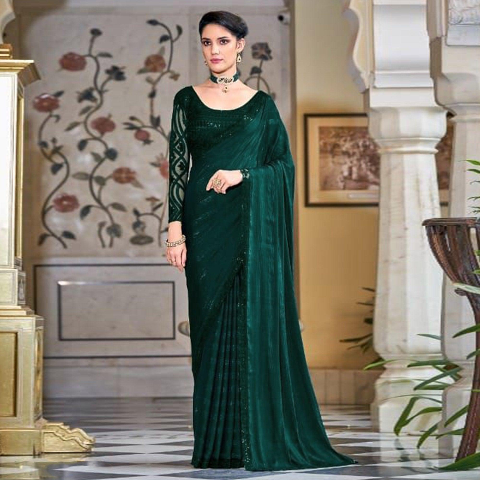Peachmode Bottle Green Zari Striped Art Silk Saree - view 2