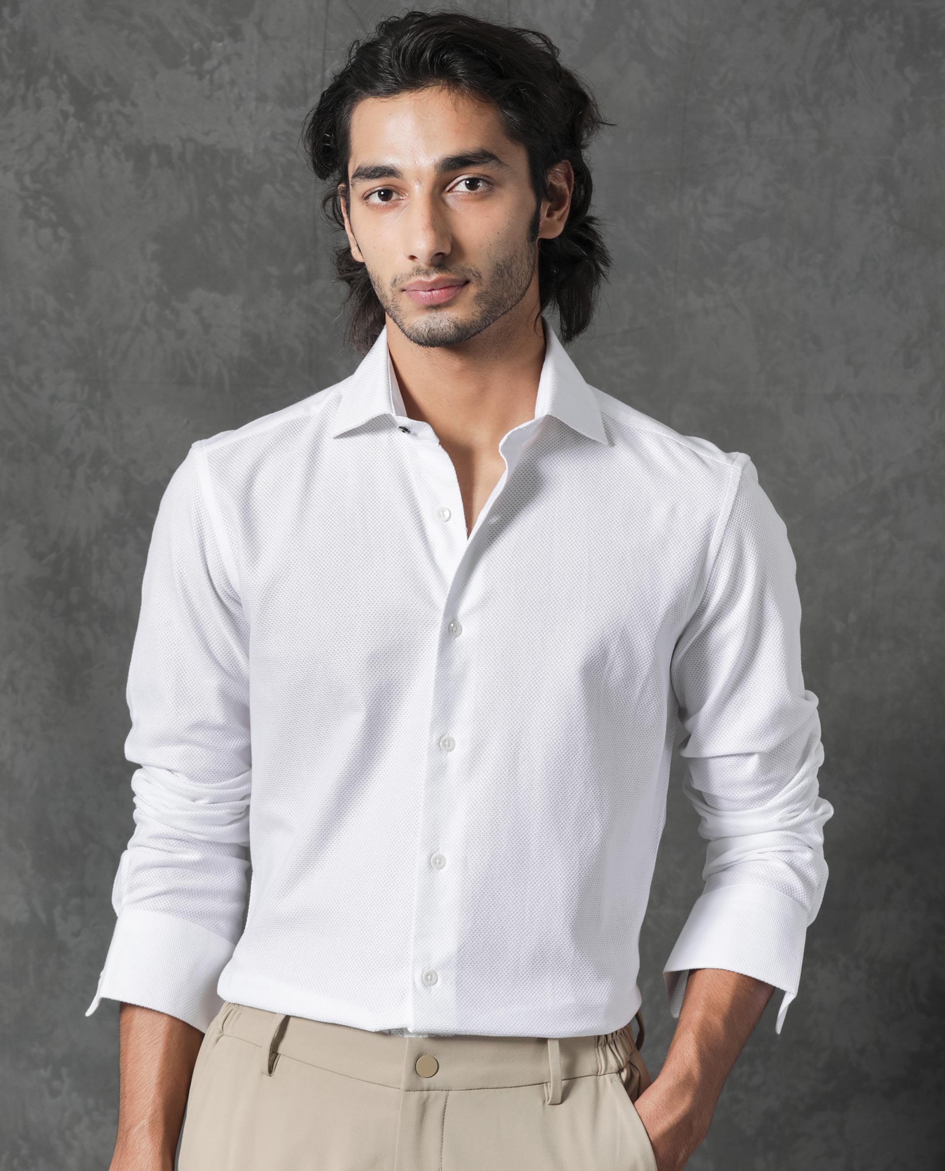 Rare Rabbit Men's Comb White Cotton Fabric Full Sleeves Solid Shirt