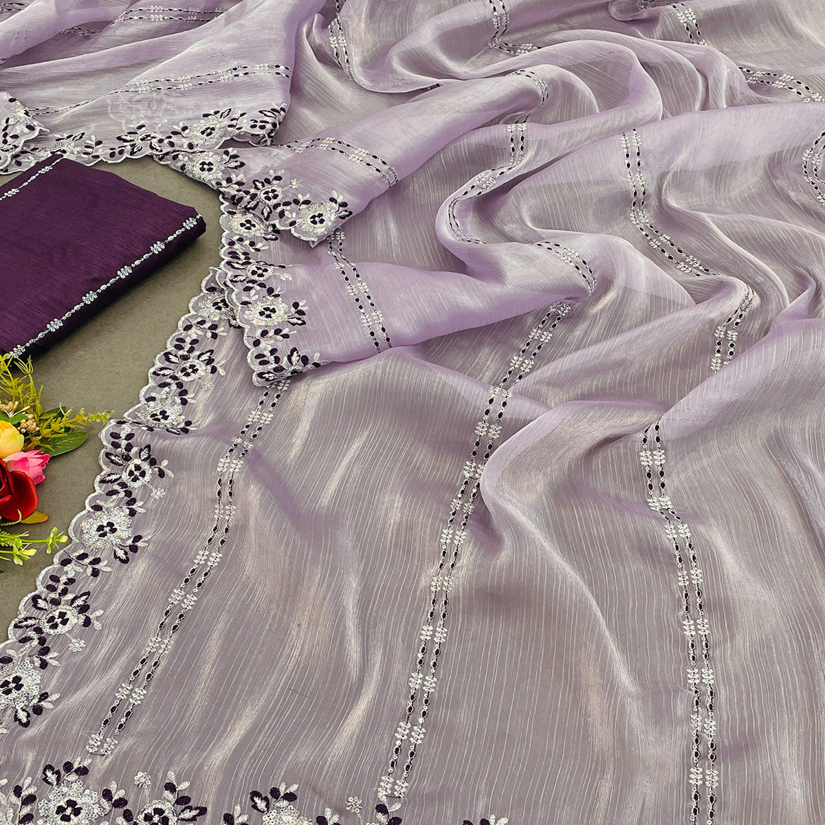 Peachmode Lavender Sequins Embroidered Chiffon Saree - view 2