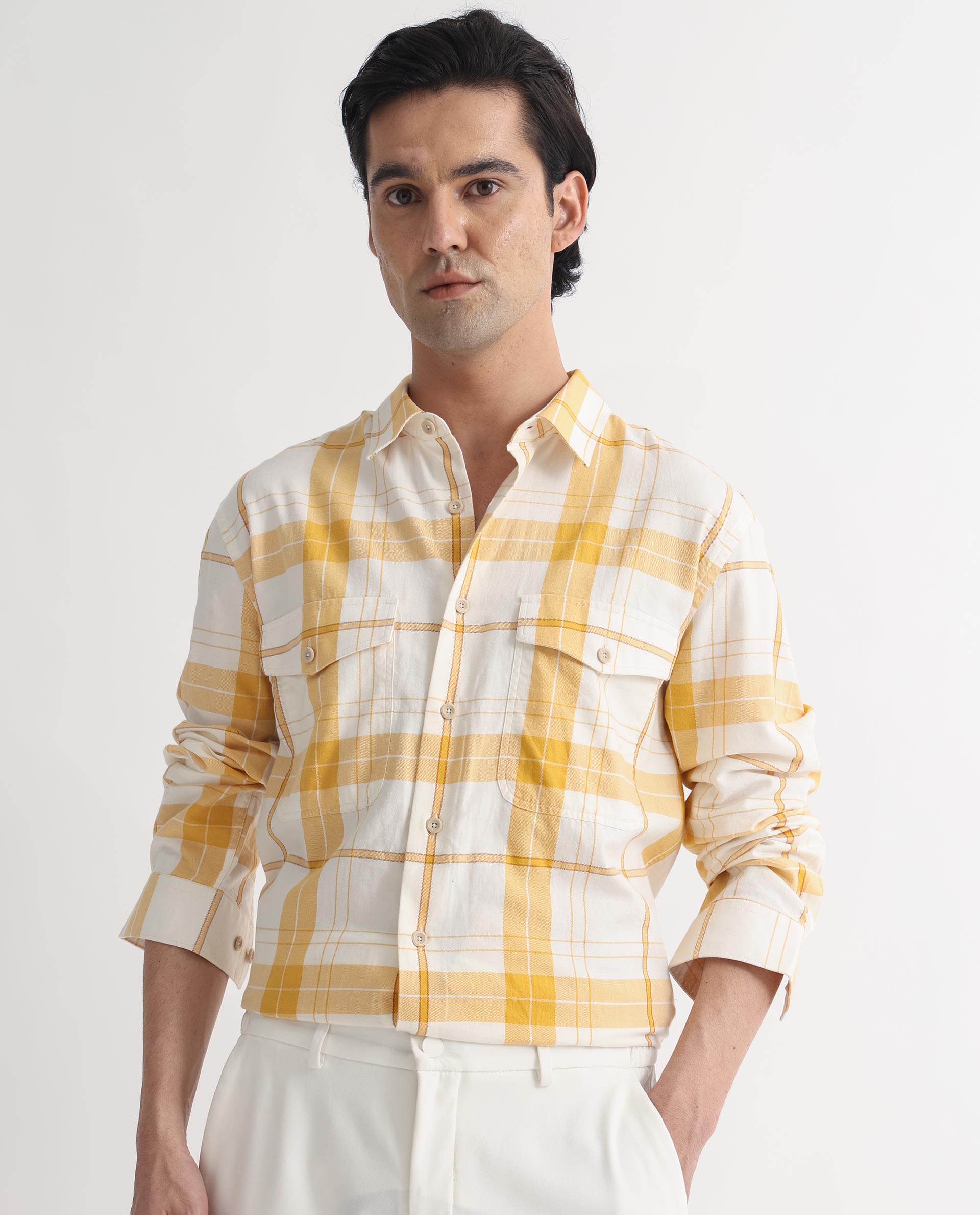 Rare Rabbit Men's Bern Yellow Cotton Fabric Full Sleeves Checks Shirt - view 3