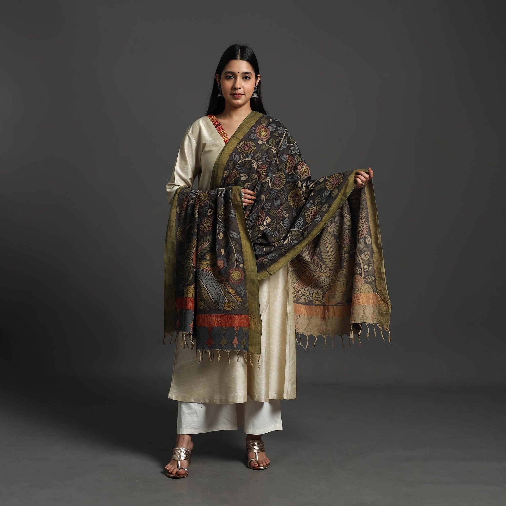 SOUTH KARGHA Black - Mangalagiri Cotton Handpainted Pen Work Kalamkari Dupatta 33