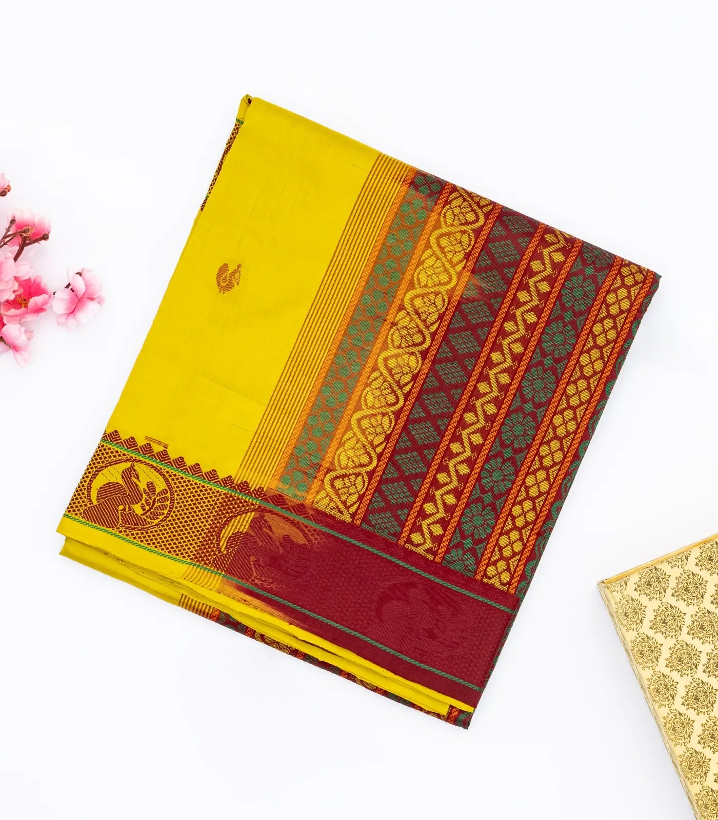 RmKV Lemon Yellow Handloom Poly Cotton Saree With Annam Buttas & Crimson Pallu