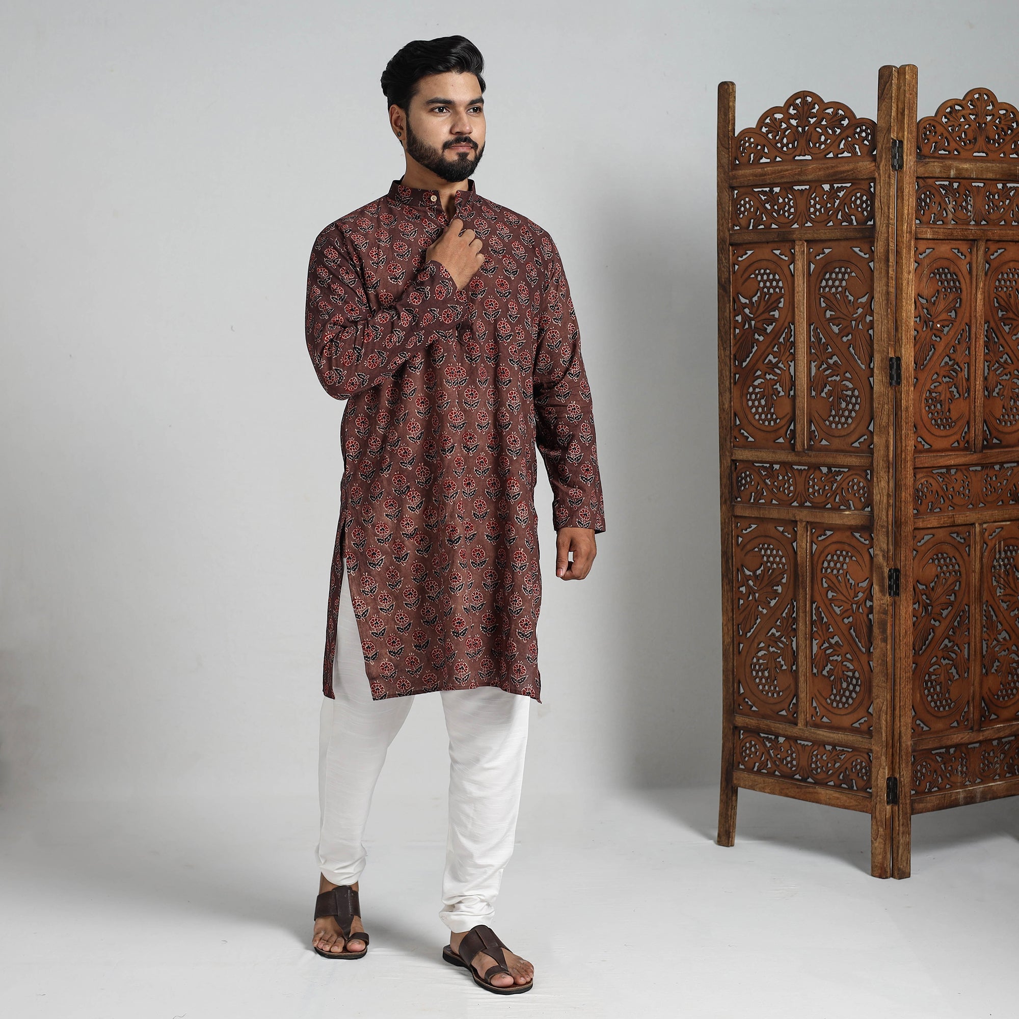 ITOKRI CASUALS Ajrakh Block Printed Cotton Men Long Kurta 14