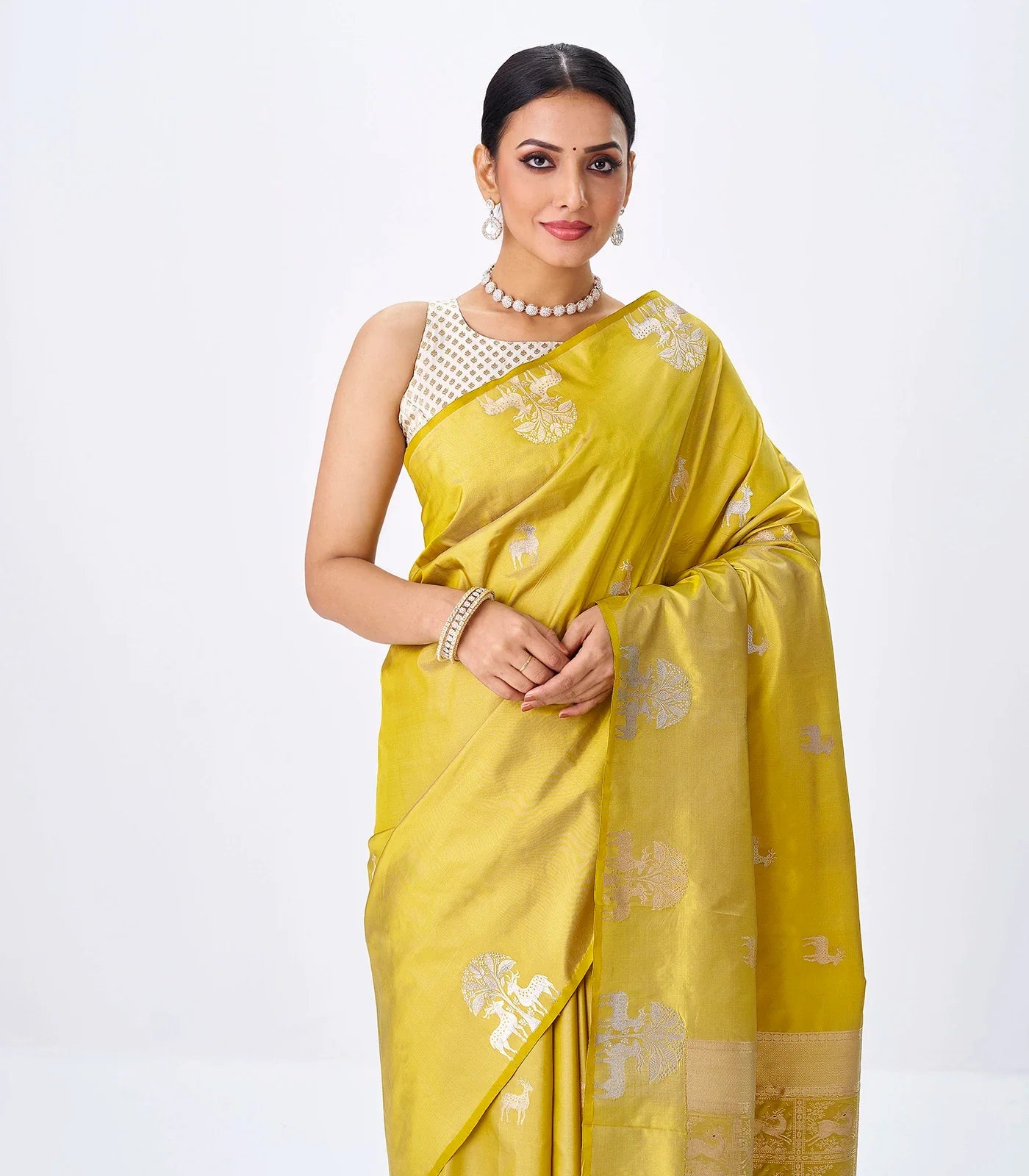 RmKV Gold Handloom Banarasi Silk Saree With Deer Buttas - view 2