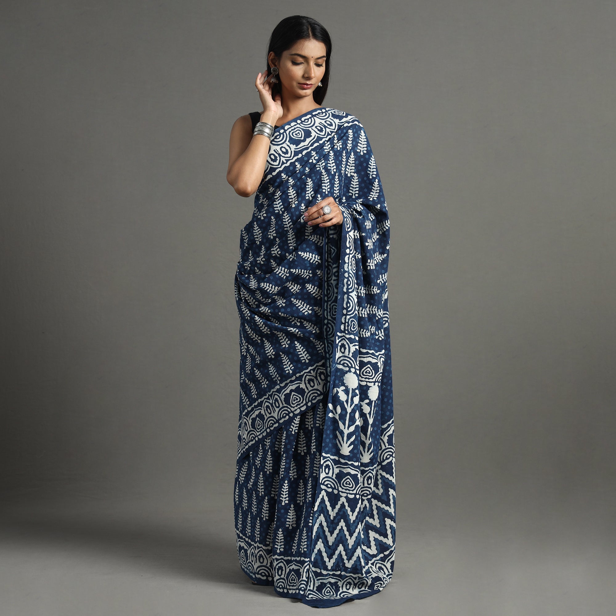 HAVELI CHRONICLES Blue - Bagru Hand Block Printed Mul Cotton Natural Dyed Saree 14 - view 3