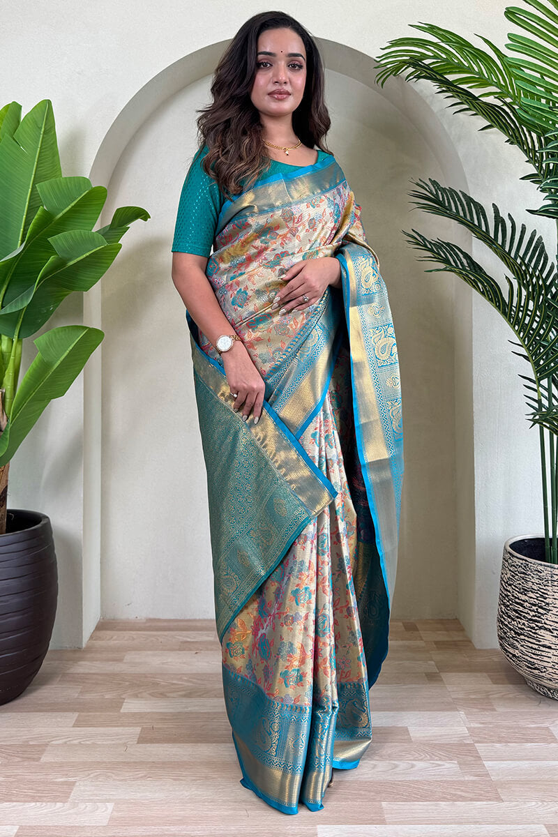 Tasrika Desirable Beige and Firozi Kanjivaram Silk Saree With Staring Blouse Piece - view 3