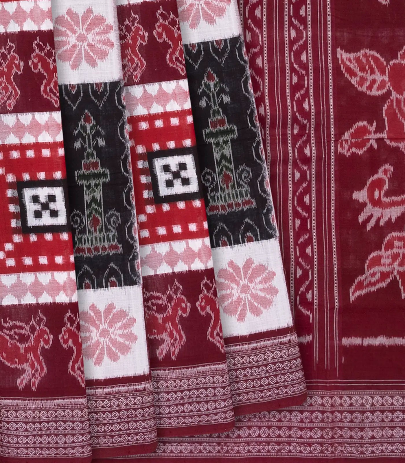 RmKV Maroon Handloom Orissa Cotton Saree With Ikat Annam Motifs-Maroon