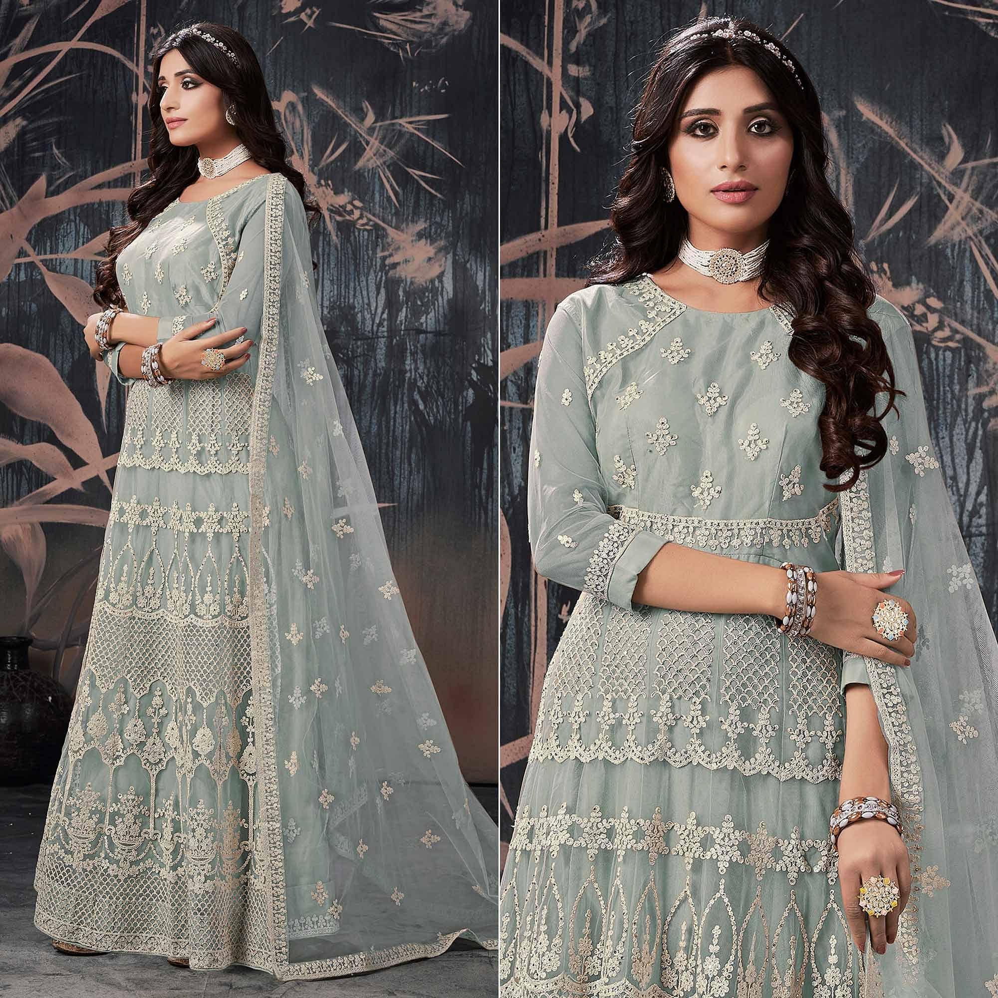 Peachmode Seller Grey Partywear Embroidery With Embellished Net Gown