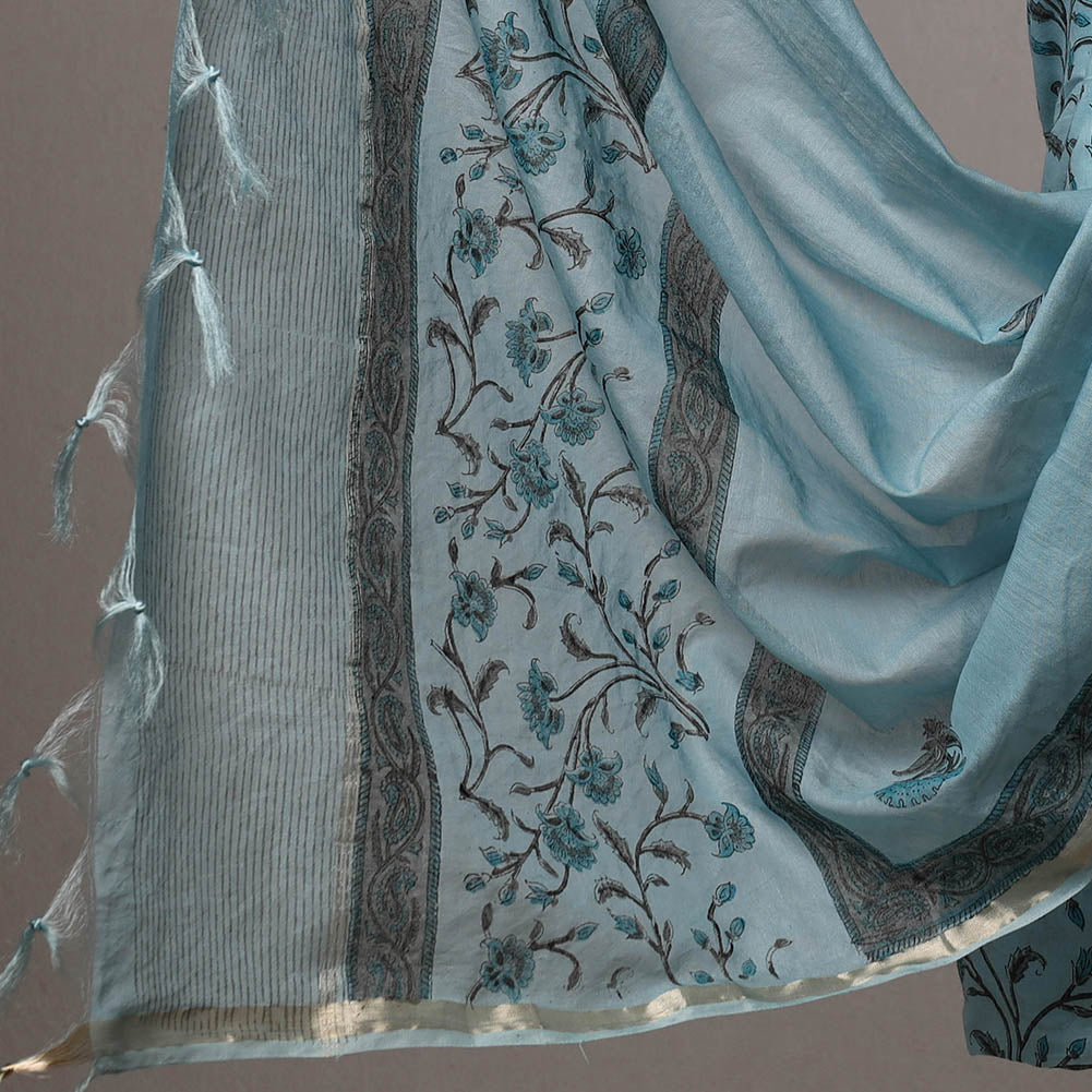 HAVELI CHRONICLES Blue - 3pc Sanganeri Block Printed Cotton Suit Material with Chanderi Silk Dupatta 02 - view 4