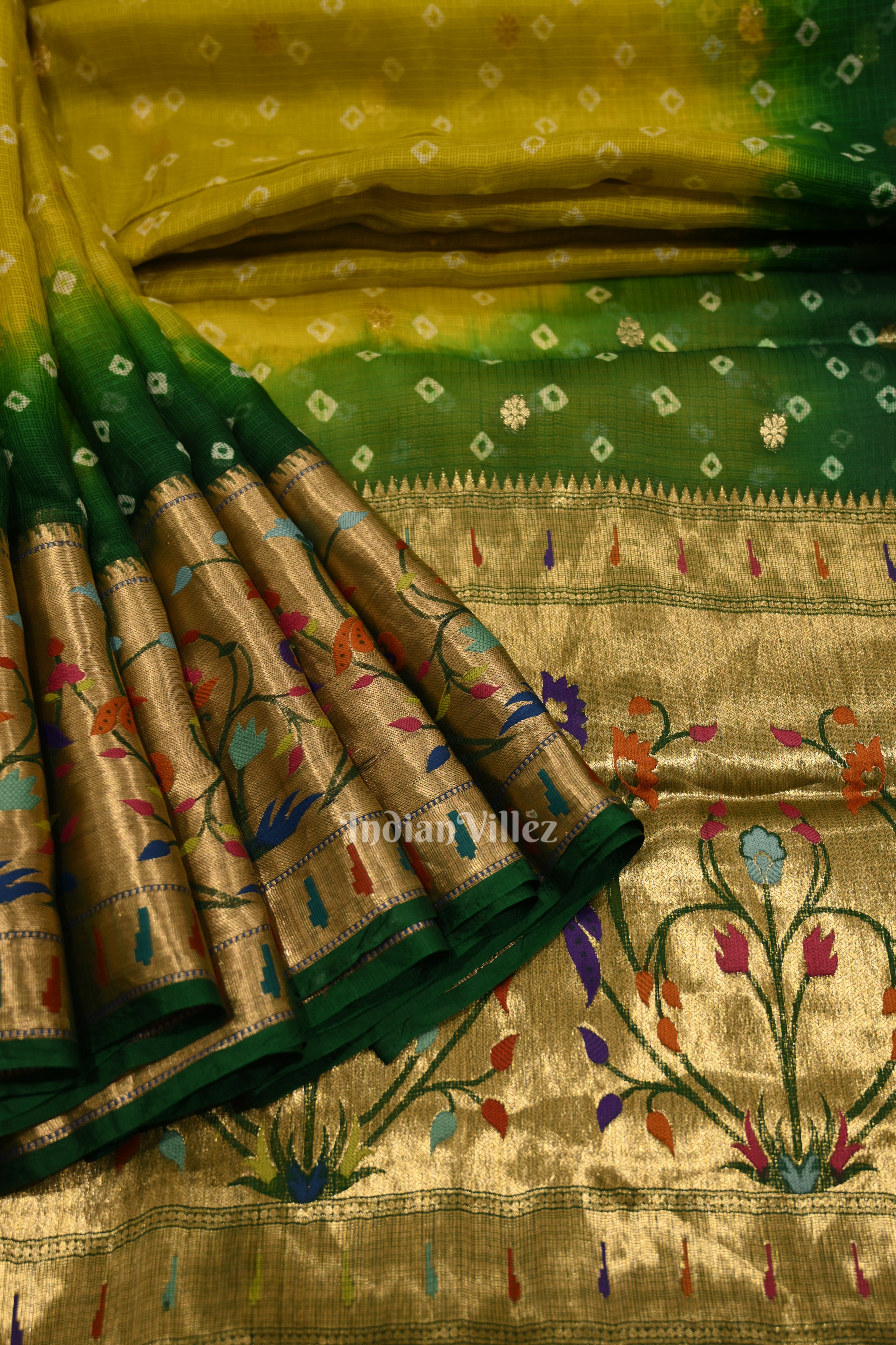 IndianVillèz Yellow Green Bandhini Banarasi Kota Silk Saree with Paithani Border