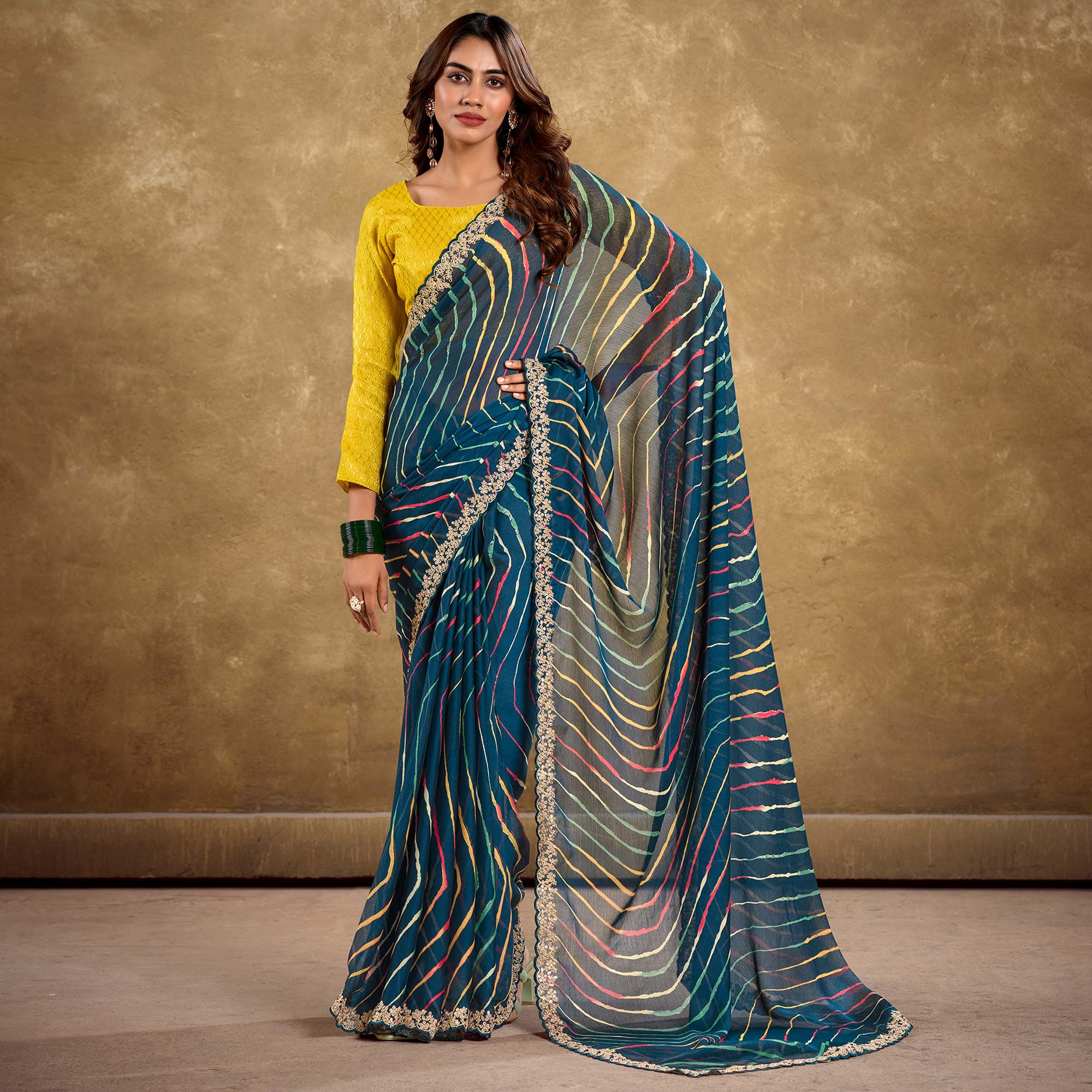 Peachmode Morpich Blue Printed Chiffon Saree With Sequins Border - view 4