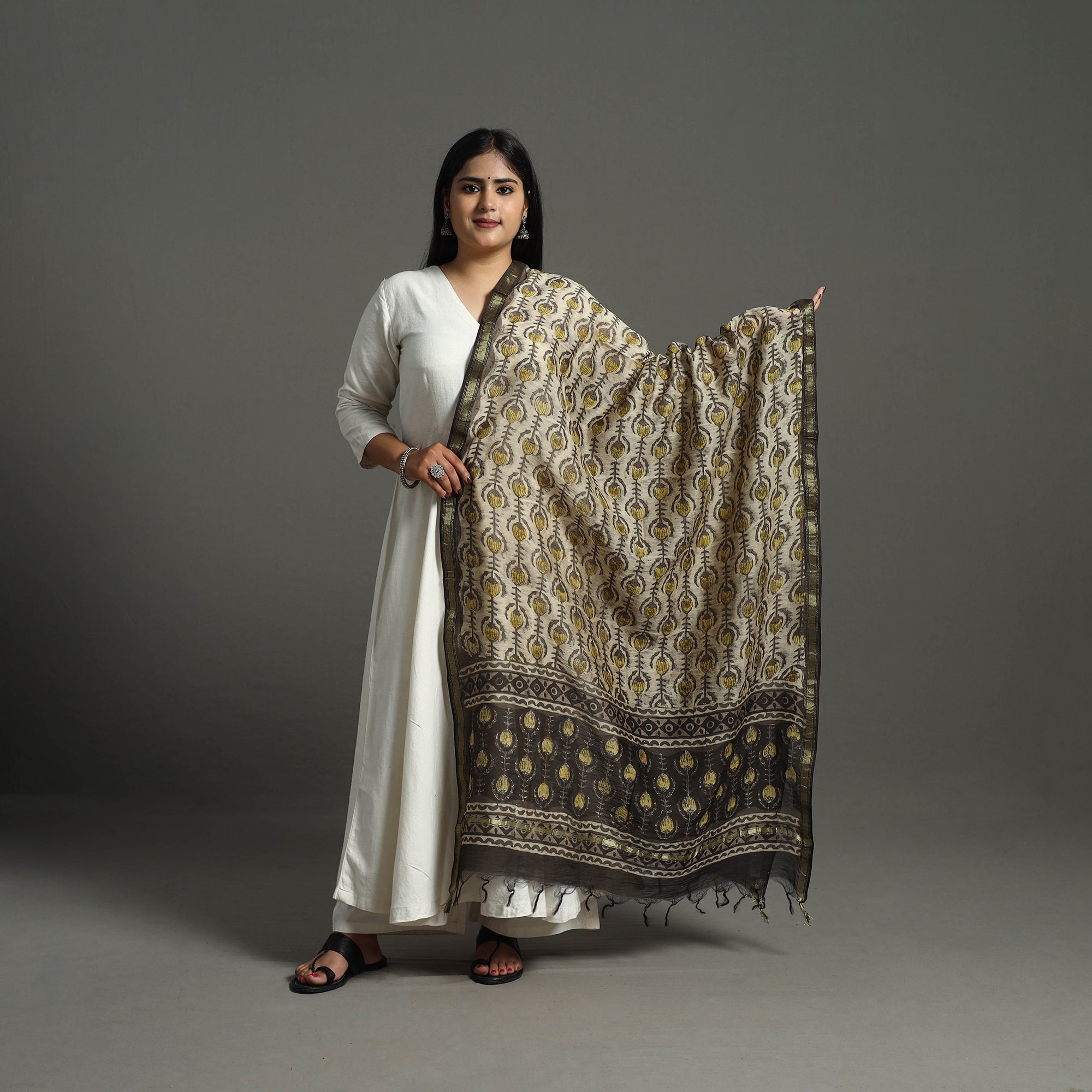 ARTISAN HAND BLOCK PRINTS Beige - Block Print Chanderi Silk Ajrakh Dabu Bagru Dupatta 08