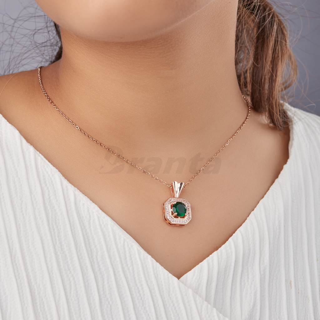 Branta Green Round Emerald Pendant Rose Gold Necklace For Women