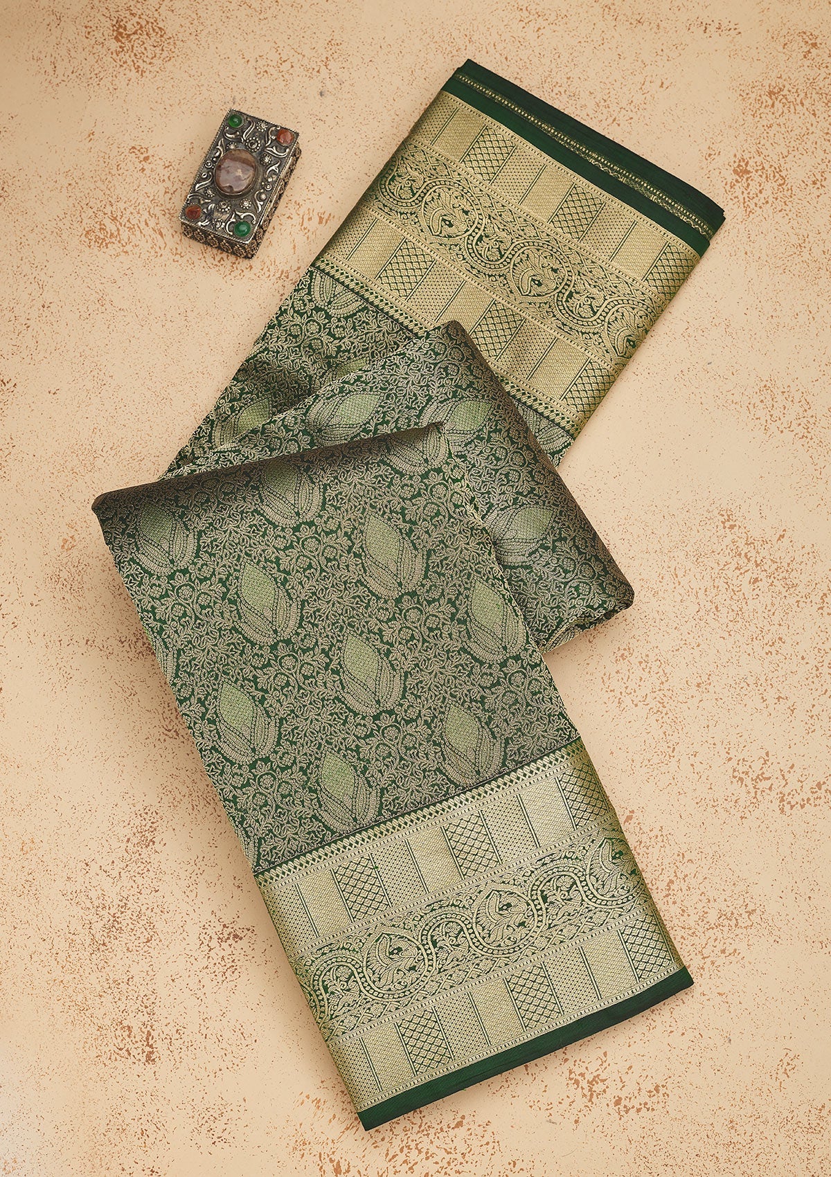 Koskii Bottle Green Zariwork Pure Silk Saree – Women's