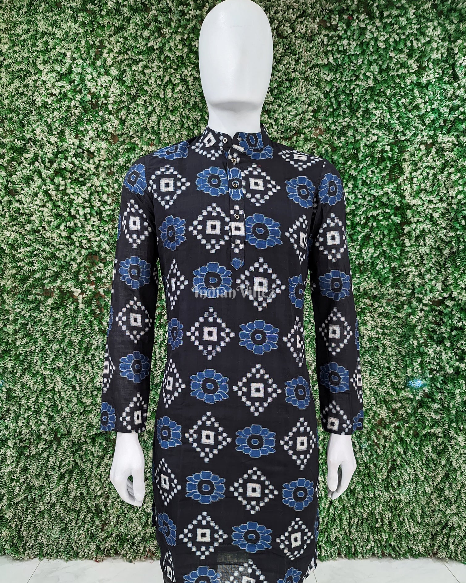 IndianVillèz Black Pasapali Sambalpuri Ikat Cotton Long Kurta For Men