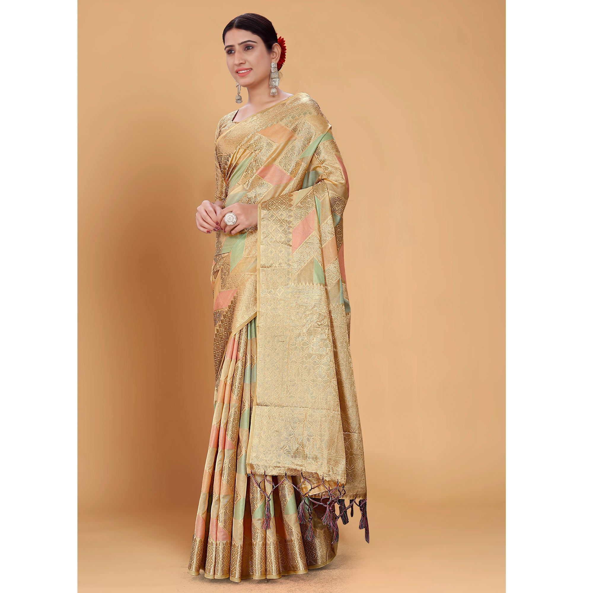 Peachmode Chikoo Woven Organza Saree With Tassels - view 4