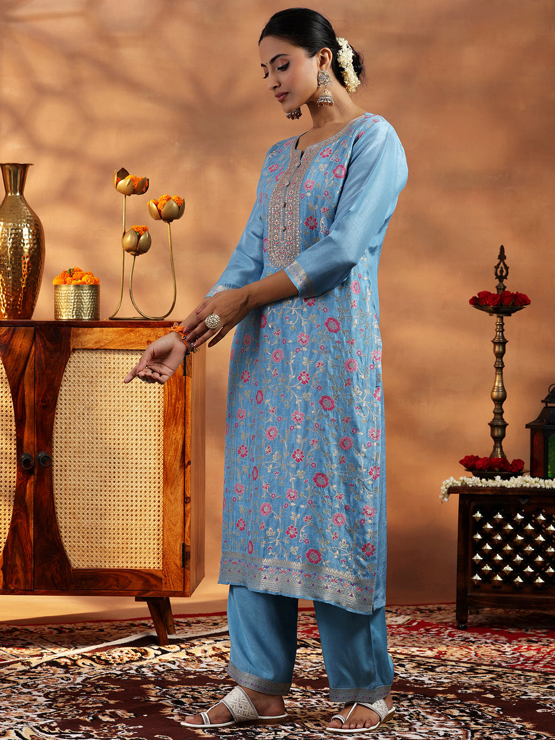 Libas Blue Woven Design Silk Blend Straight Suit With Dupatta - view 2