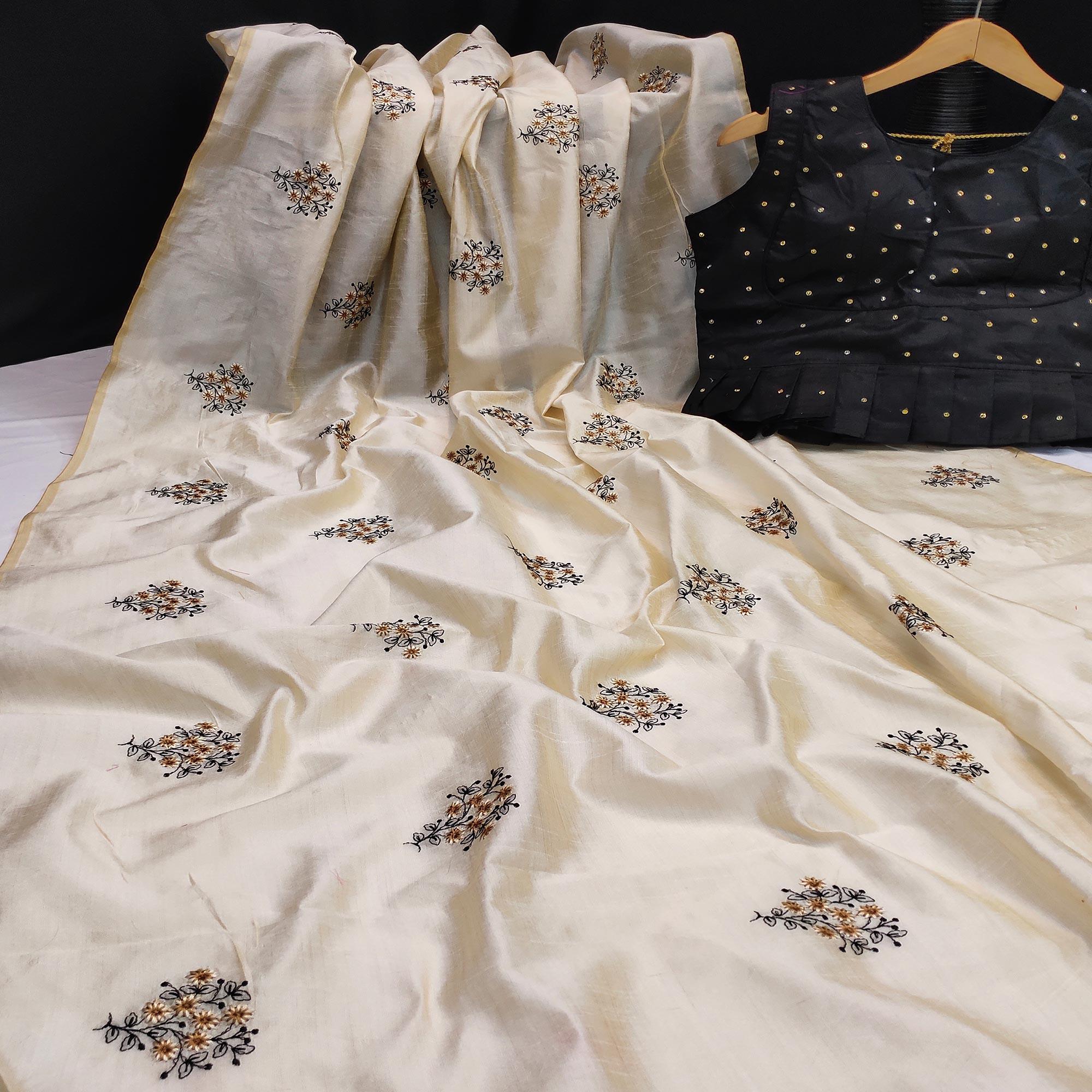 Peachmode Energetic Offwhite Colored Partywear Floral Embroidered Silk Saree
