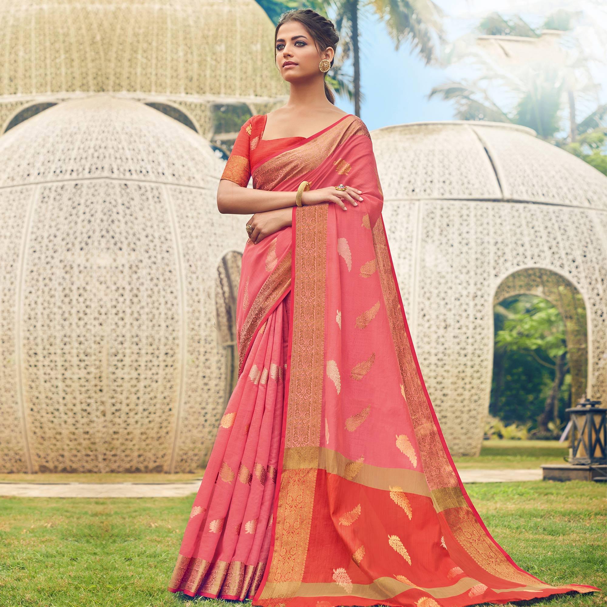 Peachmode Imposing Pink Colored Festive Wear Woven Cotton Handloom Saree