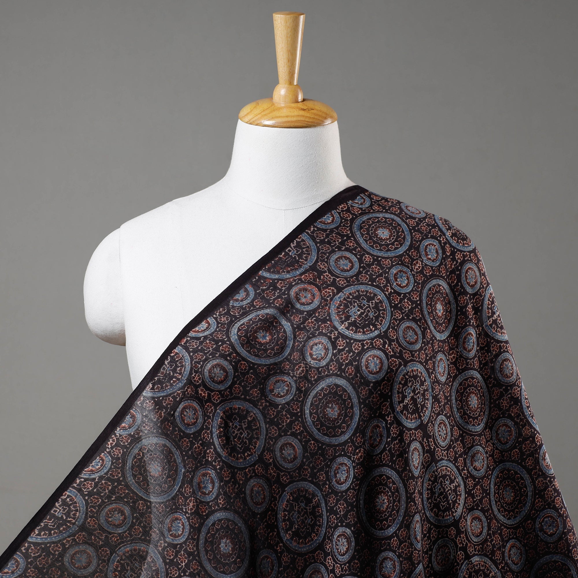 AJRAKH BY JABBAR KHATRI Black - Circular Patterns Floral Ajrakh Block Printed Handloom Chanderi Silk Fabric