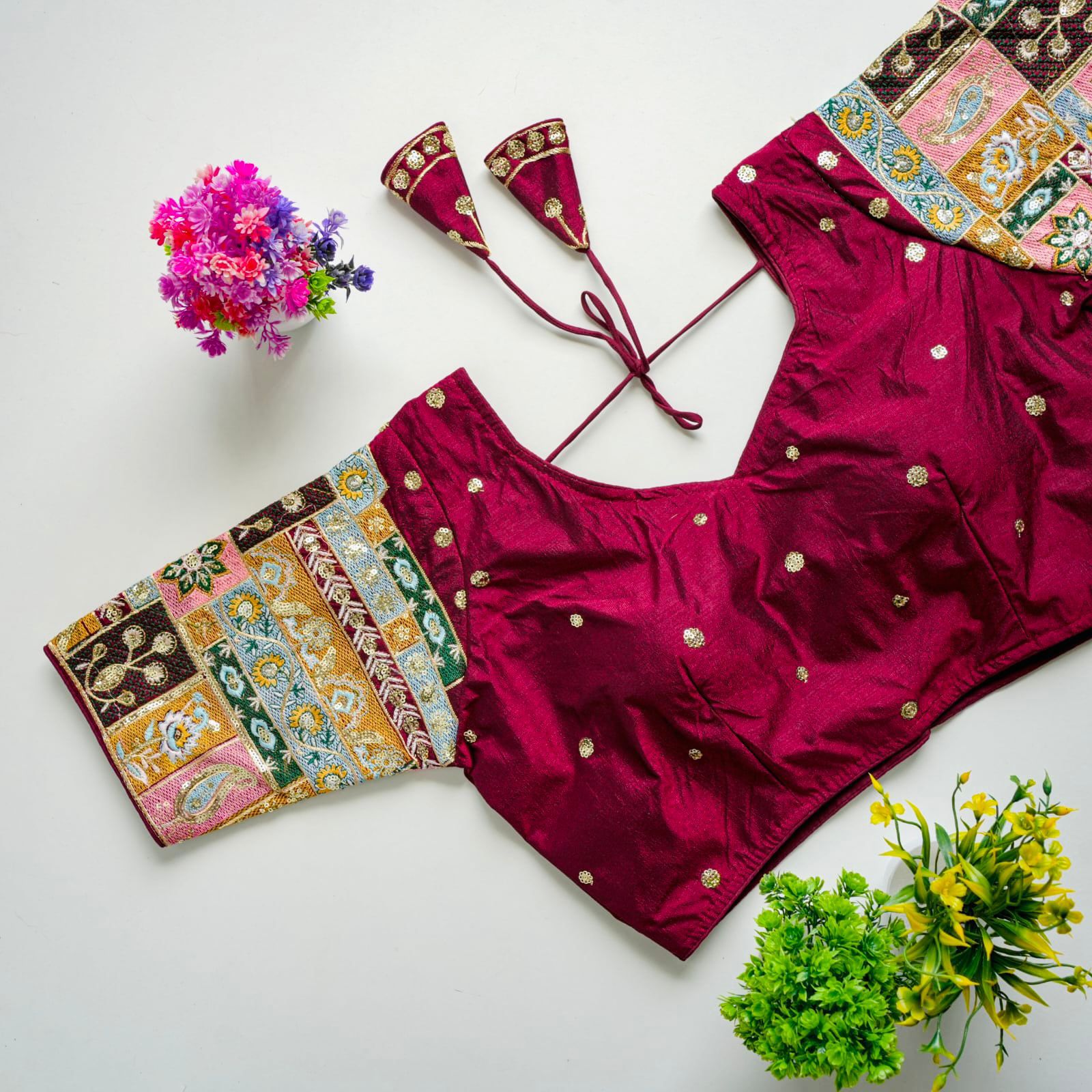 ClothsVilla Dark Pink Golden Embroidered Seoul Silk Blouse with Sequins