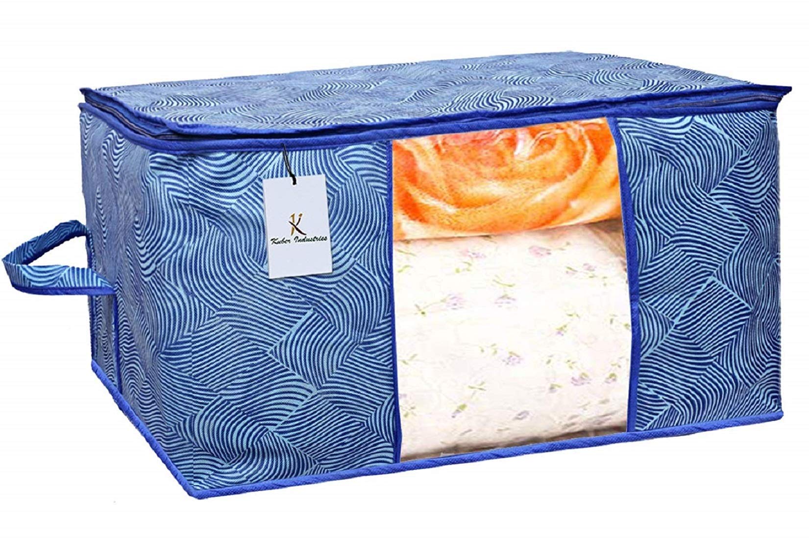 Kuber Industries Leheriya Printed 2 Piece Non Woven Fabric Underbed Storage Bag,Cloth Organiser,Blanket Cover with Transparent Window, Orange & Blue - - view 6